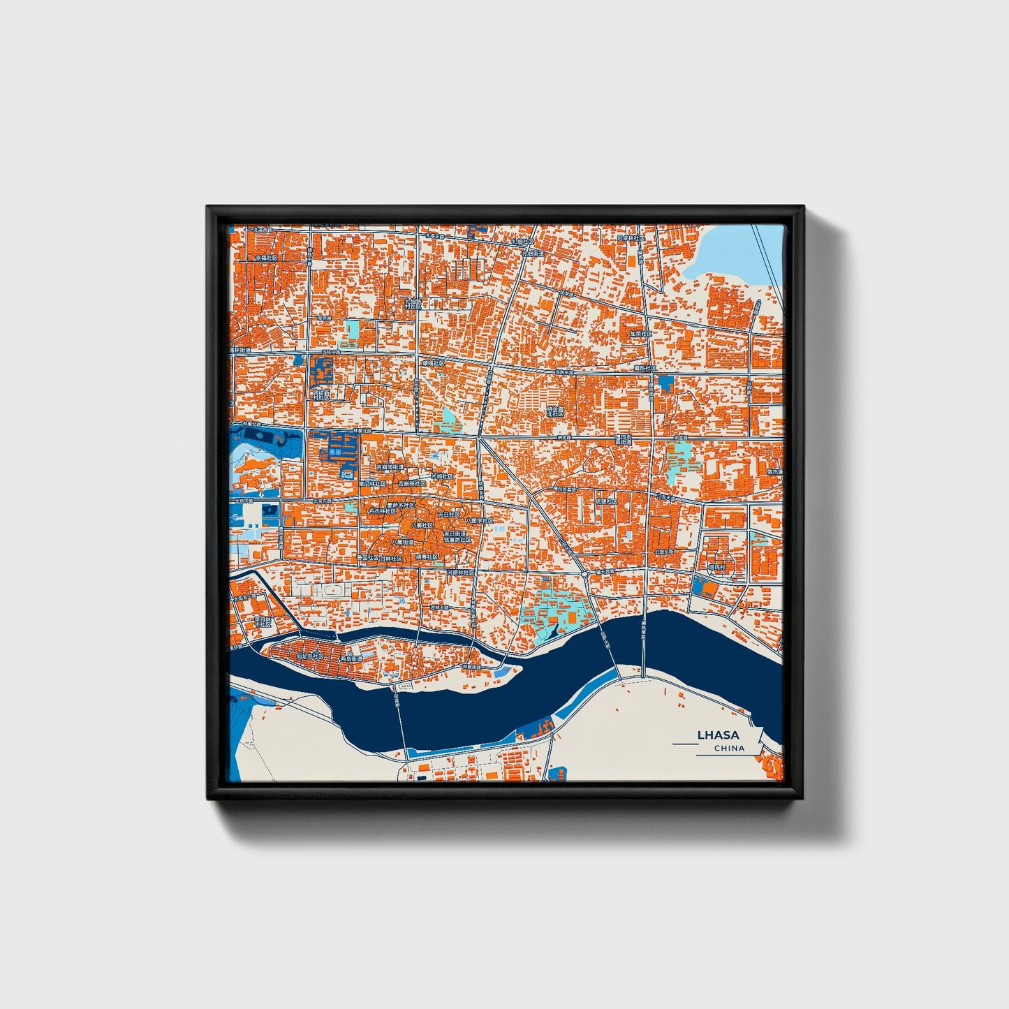 Lhasa China Colorful City Map Canvas Print • Black Framed