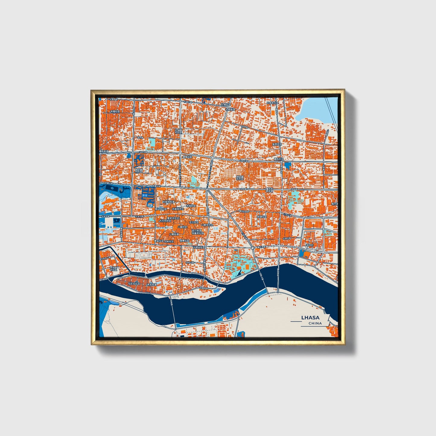 Lhasa China Colorful City Map Canvas Print • Gold Framed