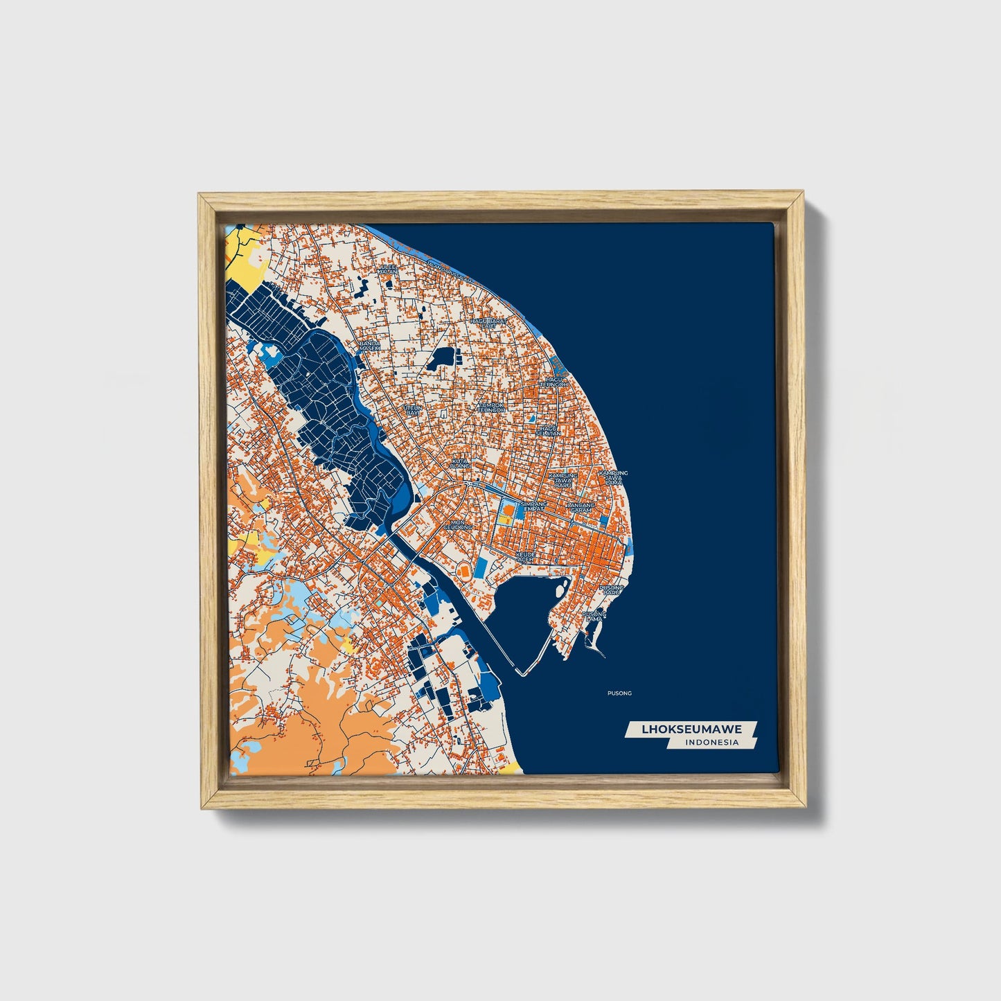 Lhokseumawe Indonesia Colorful City Map Canvas Print • Natural Wooden Framed