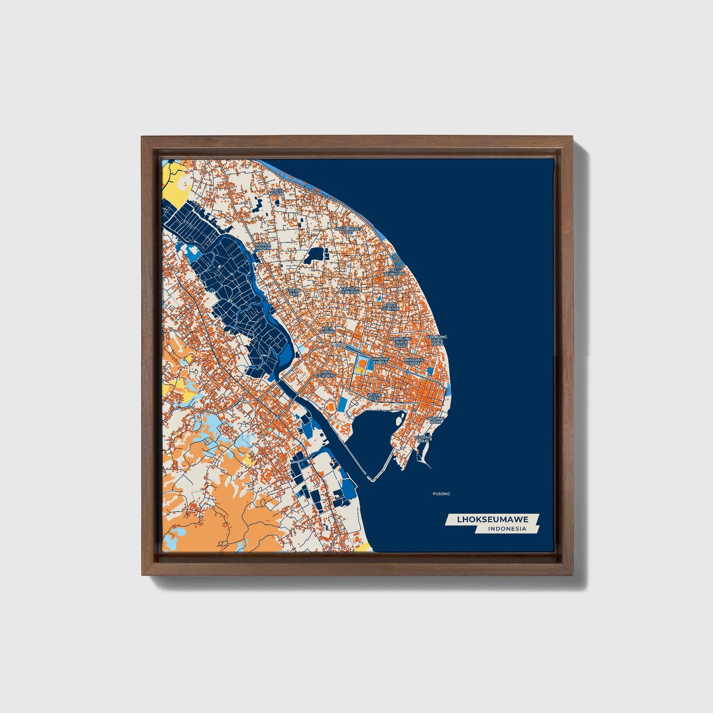 Lhokseumawe Indonesia Colorful City Map Canvas Print • Dark Wooden Framed