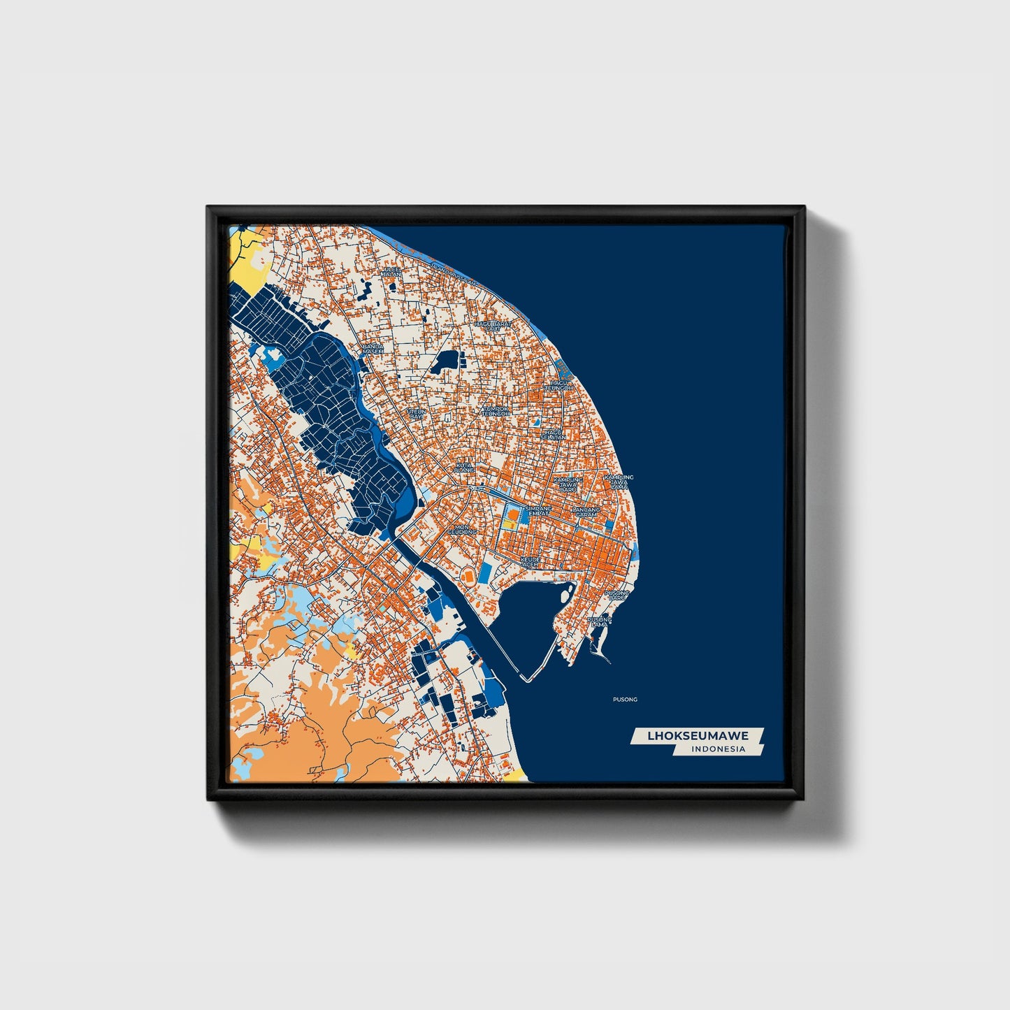 Lhokseumawe Indonesia Colorful City Map Canvas Print • Black Framed
