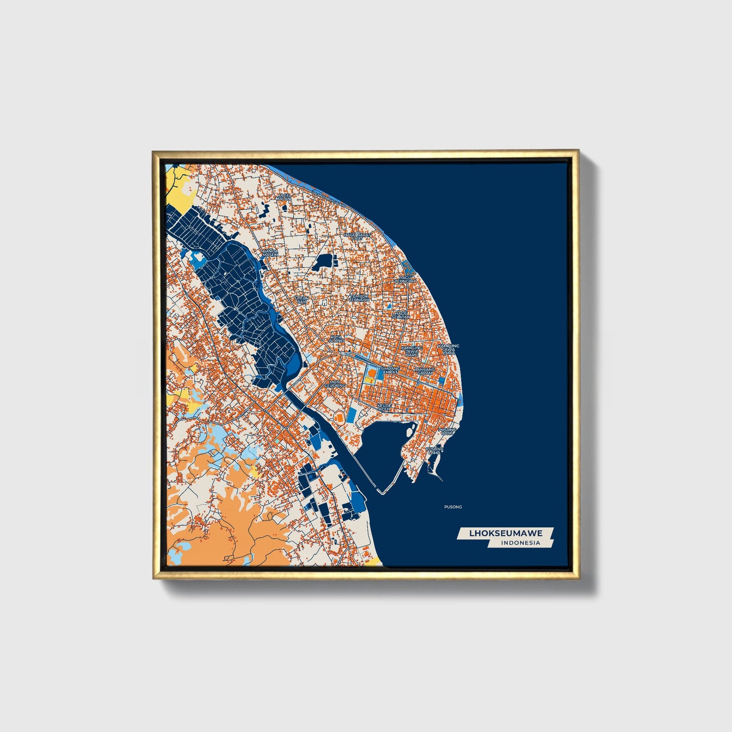 Lhokseumawe Indonesia Colorful City Map Canvas Print • Gold Framed