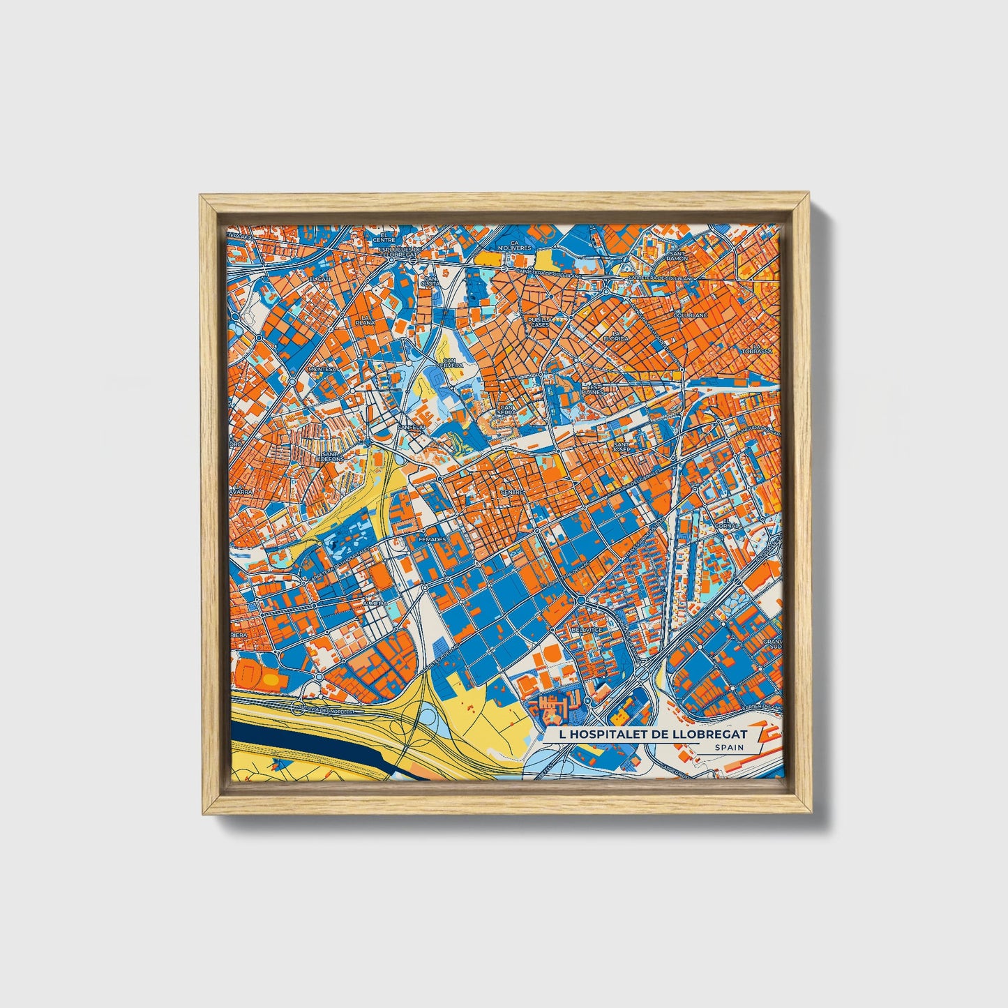 L Hospitalet De Llobregat Spain Colorful City Map Canvas Print • Natural Wooden Framed