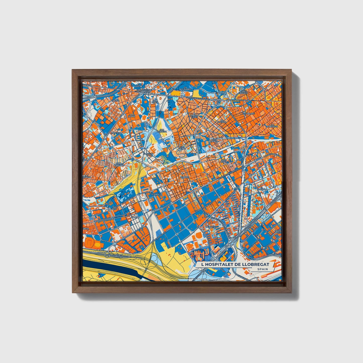L Hospitalet De Llobregat Spain Colorful City Map Canvas Print • Dark Wooden Framed