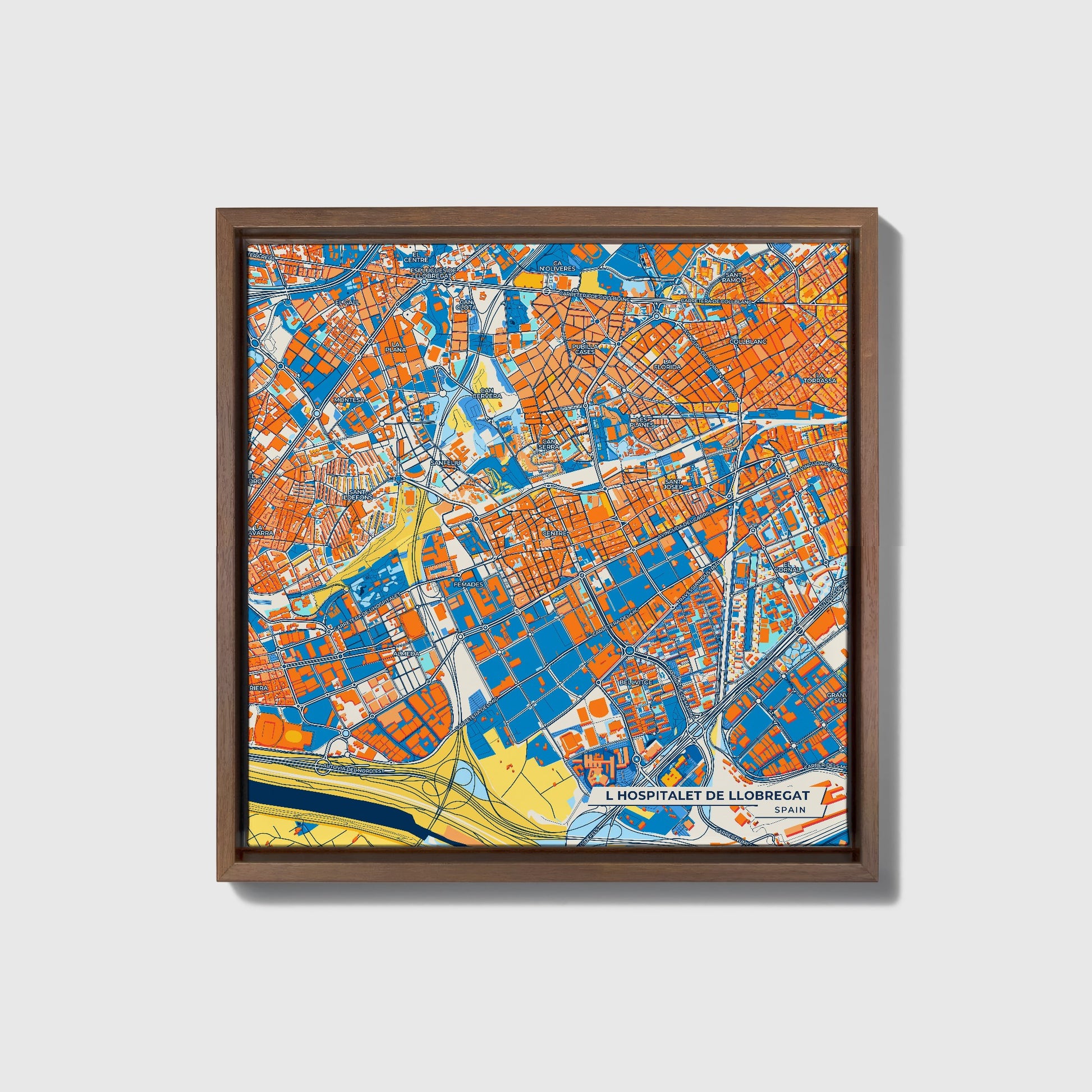 L Hospitalet De Llobregat Spain Colorful City Map Canvas Print • Dark Wooden Framed