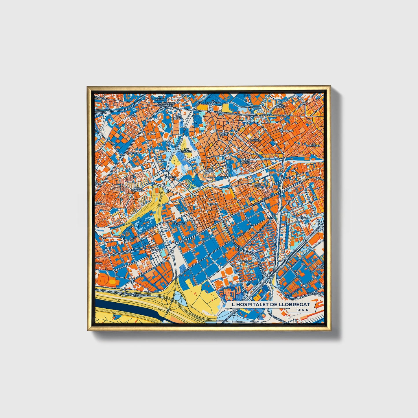 L Hospitalet De Llobregat Spain Colorful City Map Canvas Print • Gold Framed
