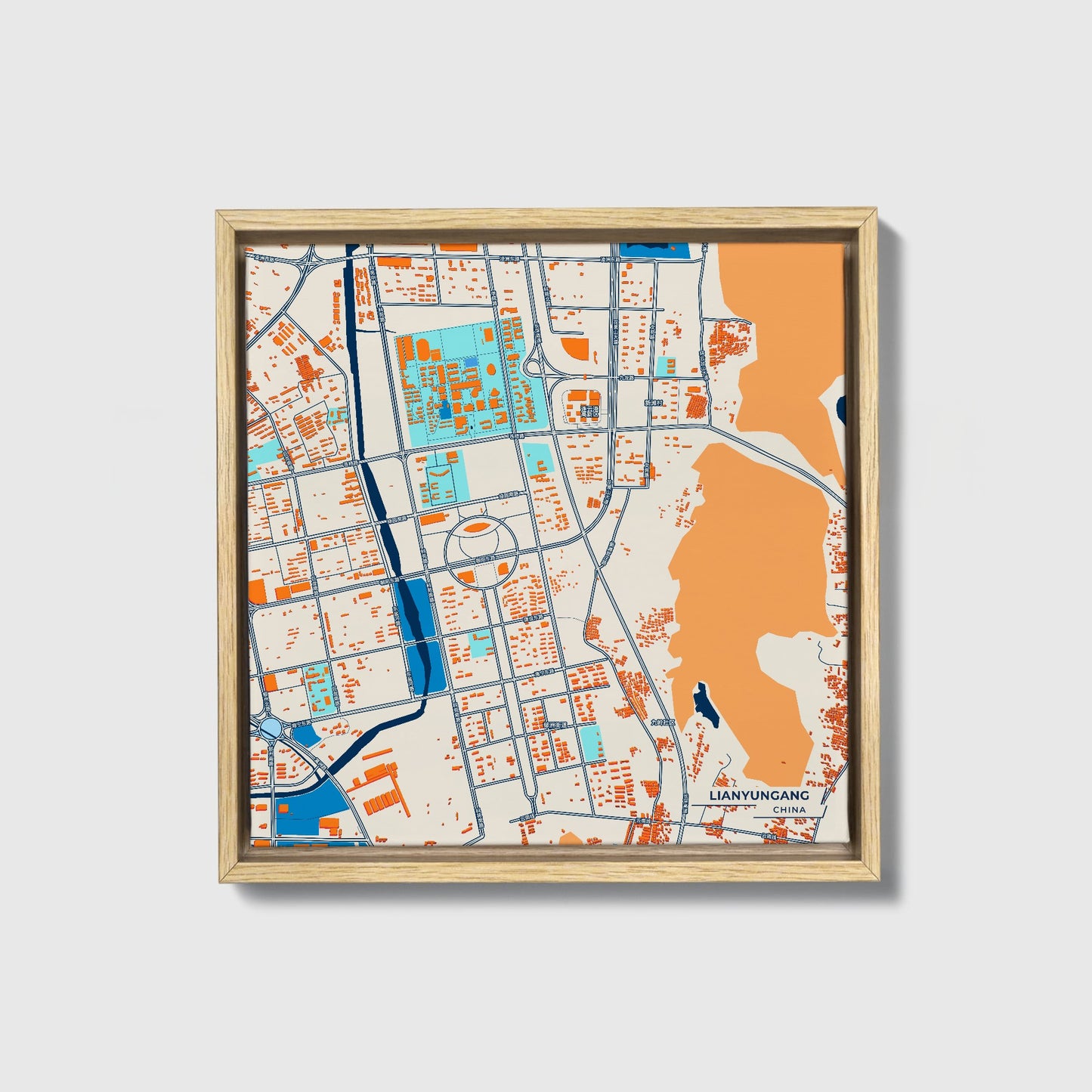 Lianyungang China Colorful City Map Canvas Print • Natural Wooden Framed