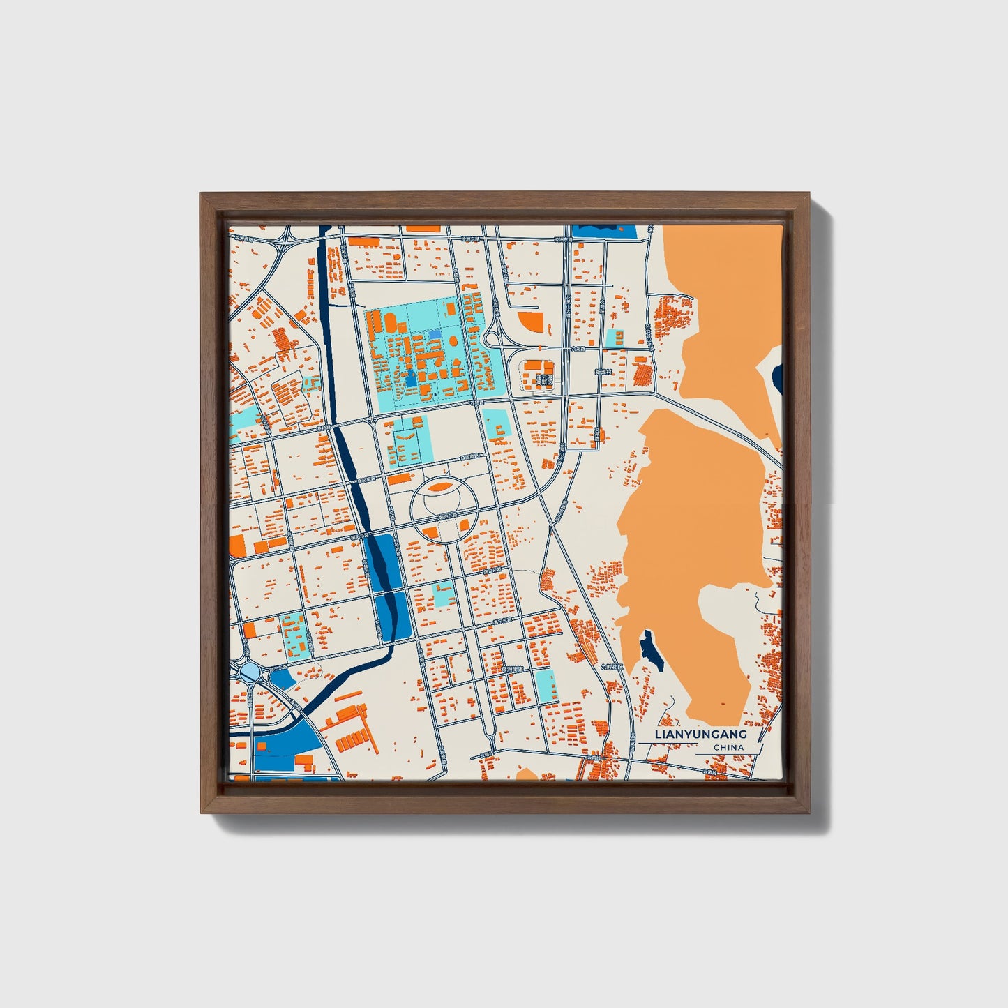 Lianyungang China Colorful City Map Canvas Print • Dark Wooden Framed