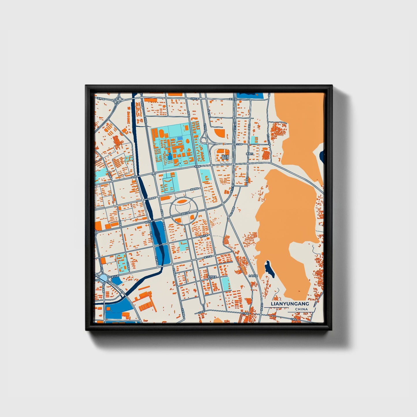 Lianyungang China Colorful City Map Canvas Print • Black Framed