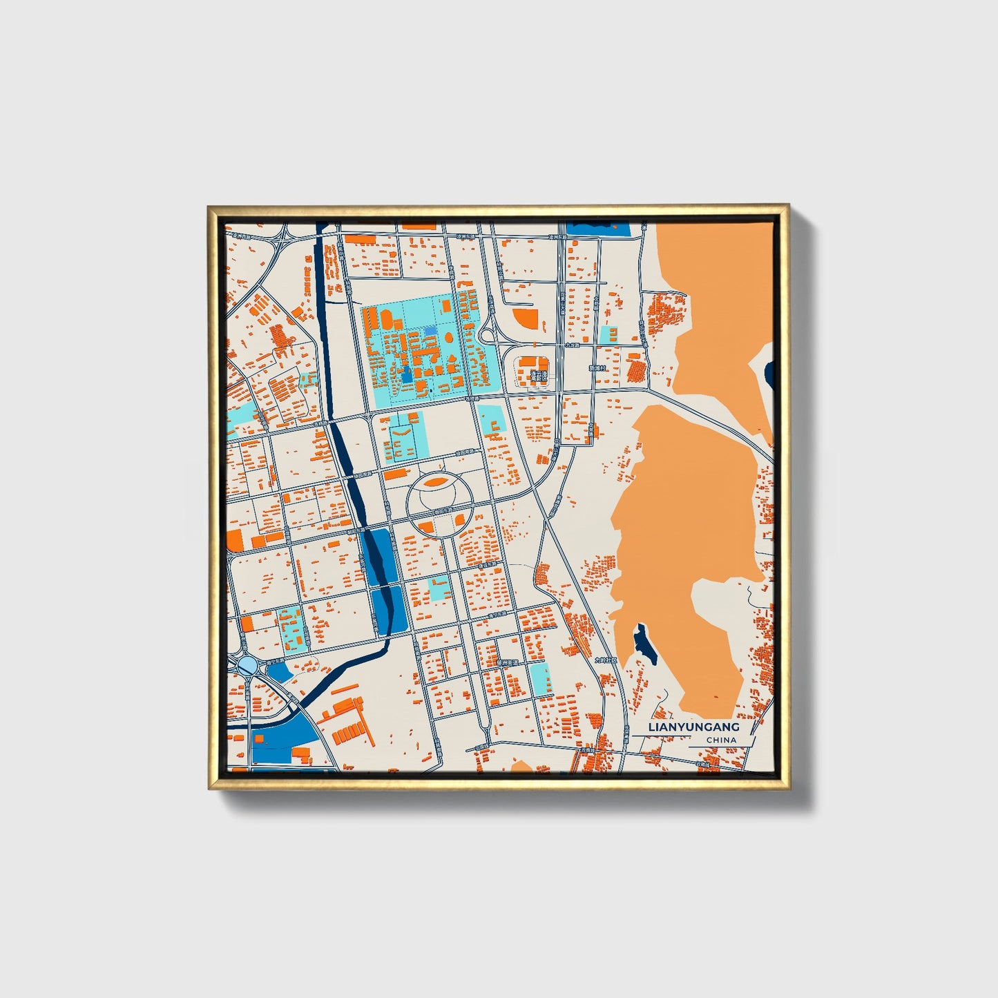 Lianyungang China Colorful City Map Canvas Print • Gold Framed