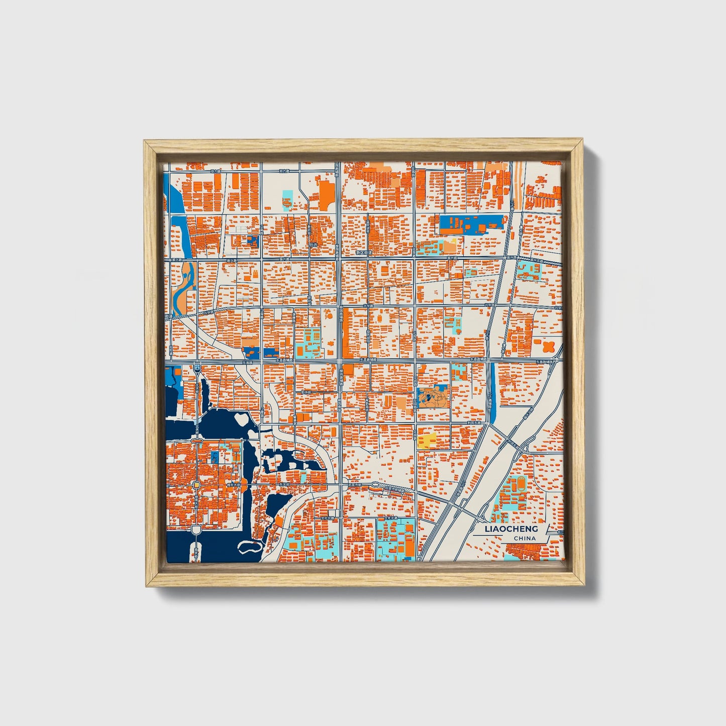 Liaocheng China Colorful City Map Canvas Print • Natural Wooden Framed
