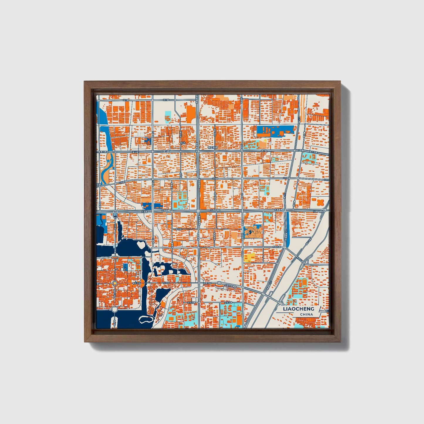 Liaocheng China Colorful City Map Canvas Print • Dark Wooden Framed