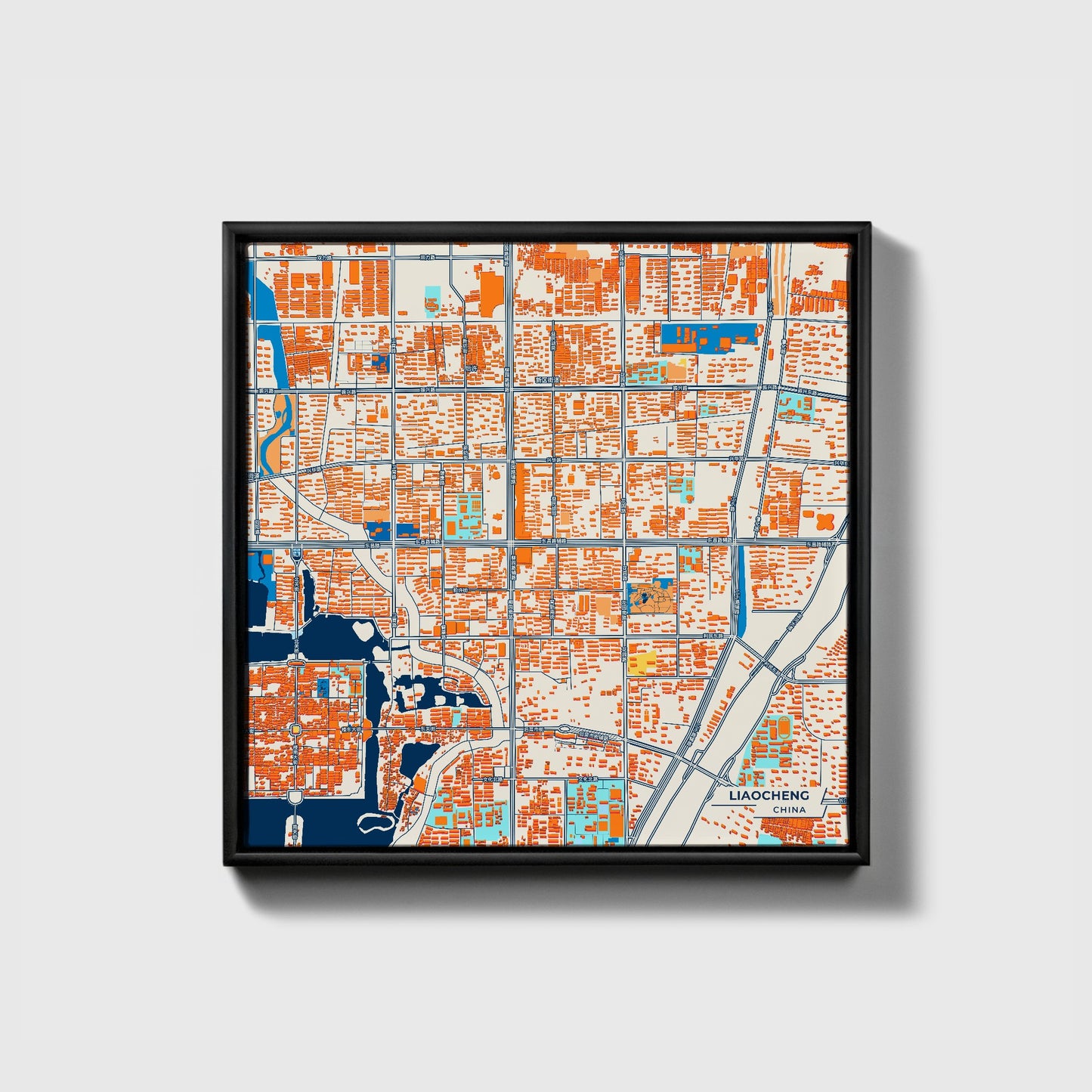 Liaocheng China Colorful City Map Canvas Print • Black Framed