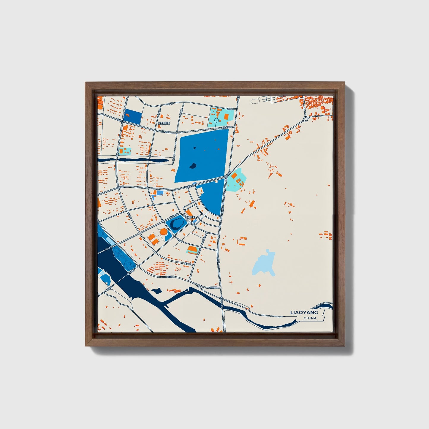 Liaoyang China Colorful City Map Canvas Print • Dark Wooden Framed