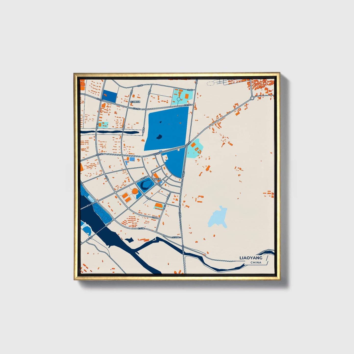 Liaoyang China Colorful City Map Canvas Print • Gold Framed