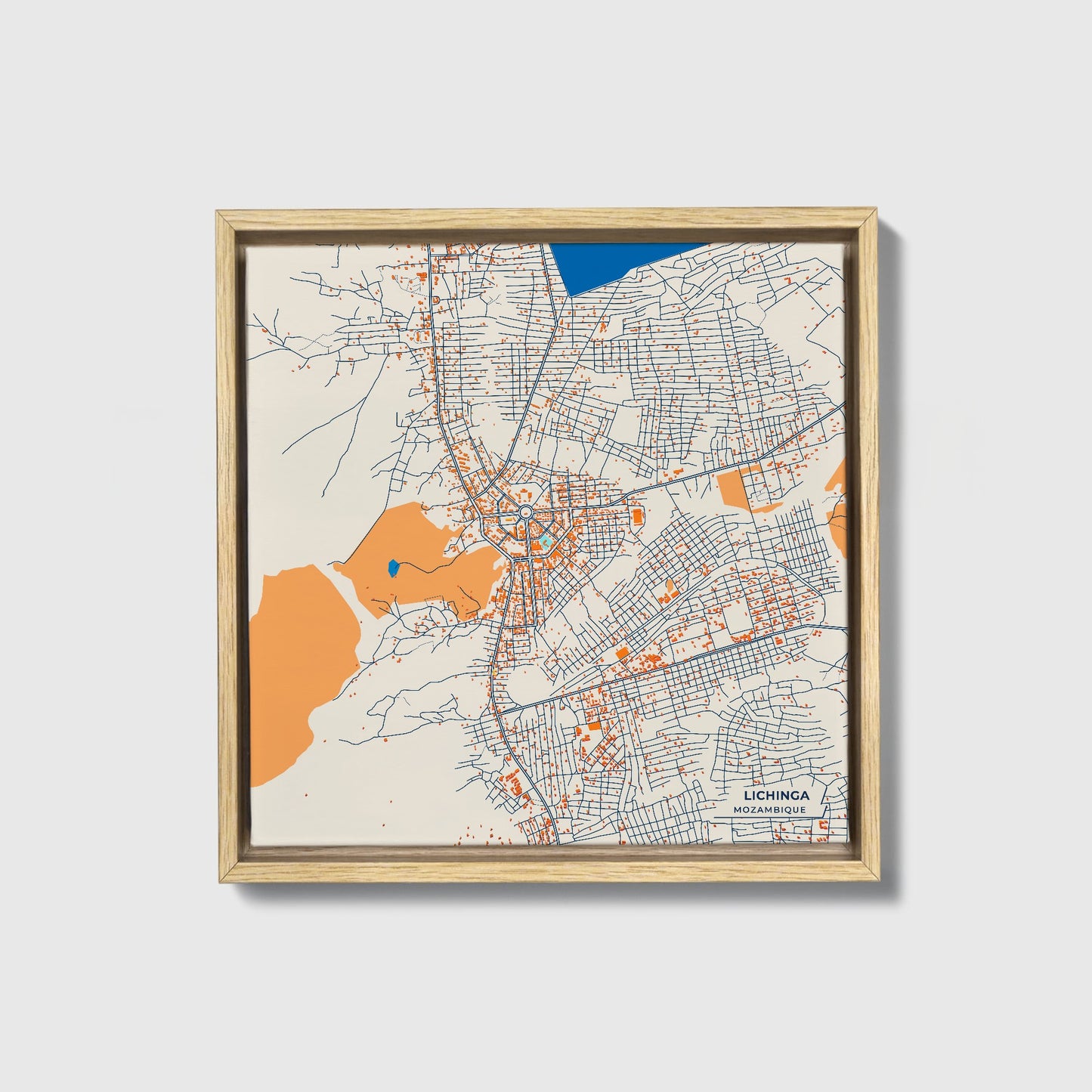 Lichinga Mozambique Colorful City Map Canvas Print • Natural Wooden Framed
