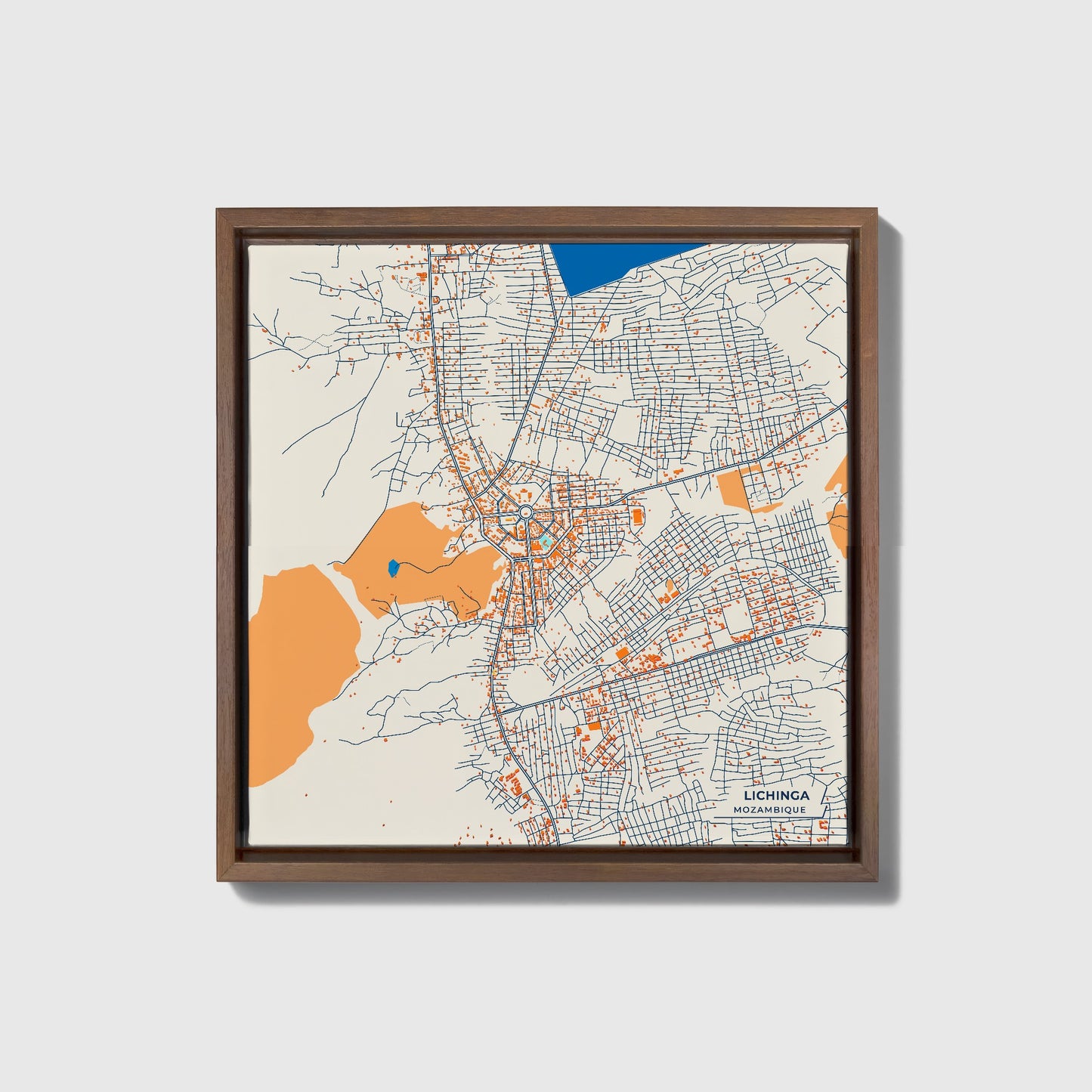 Lichinga Mozambique Colorful City Map Canvas Print • Dark Wooden Framed