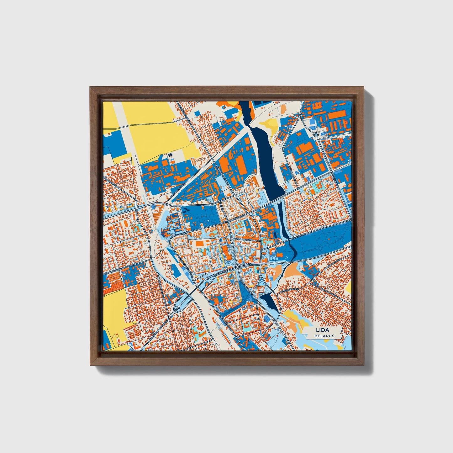 Lida Belarus Colorful City Map Canvas Print • Dark Wooden Framed