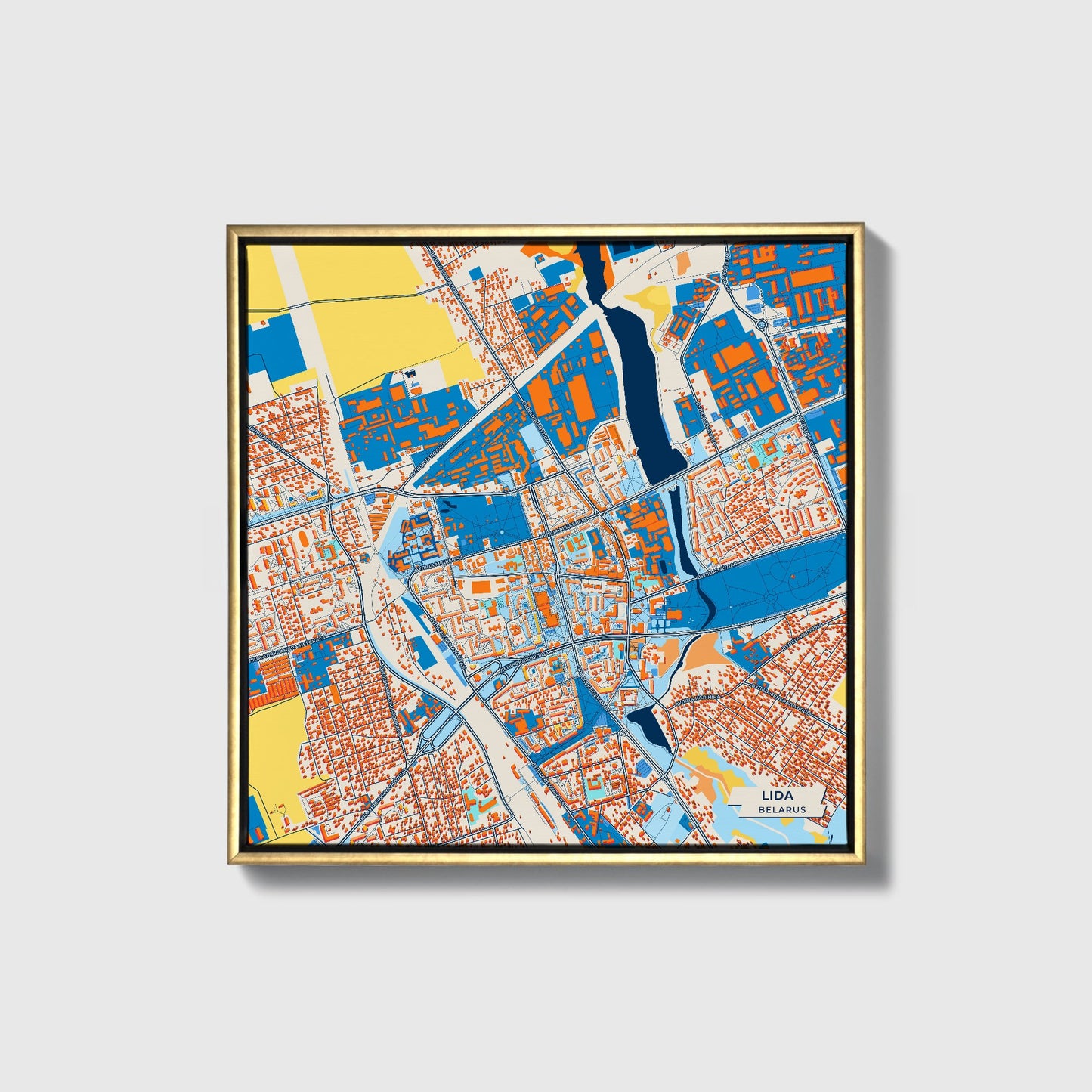 Lida Belarus Colorful City Map Canvas Print • Gold Framed