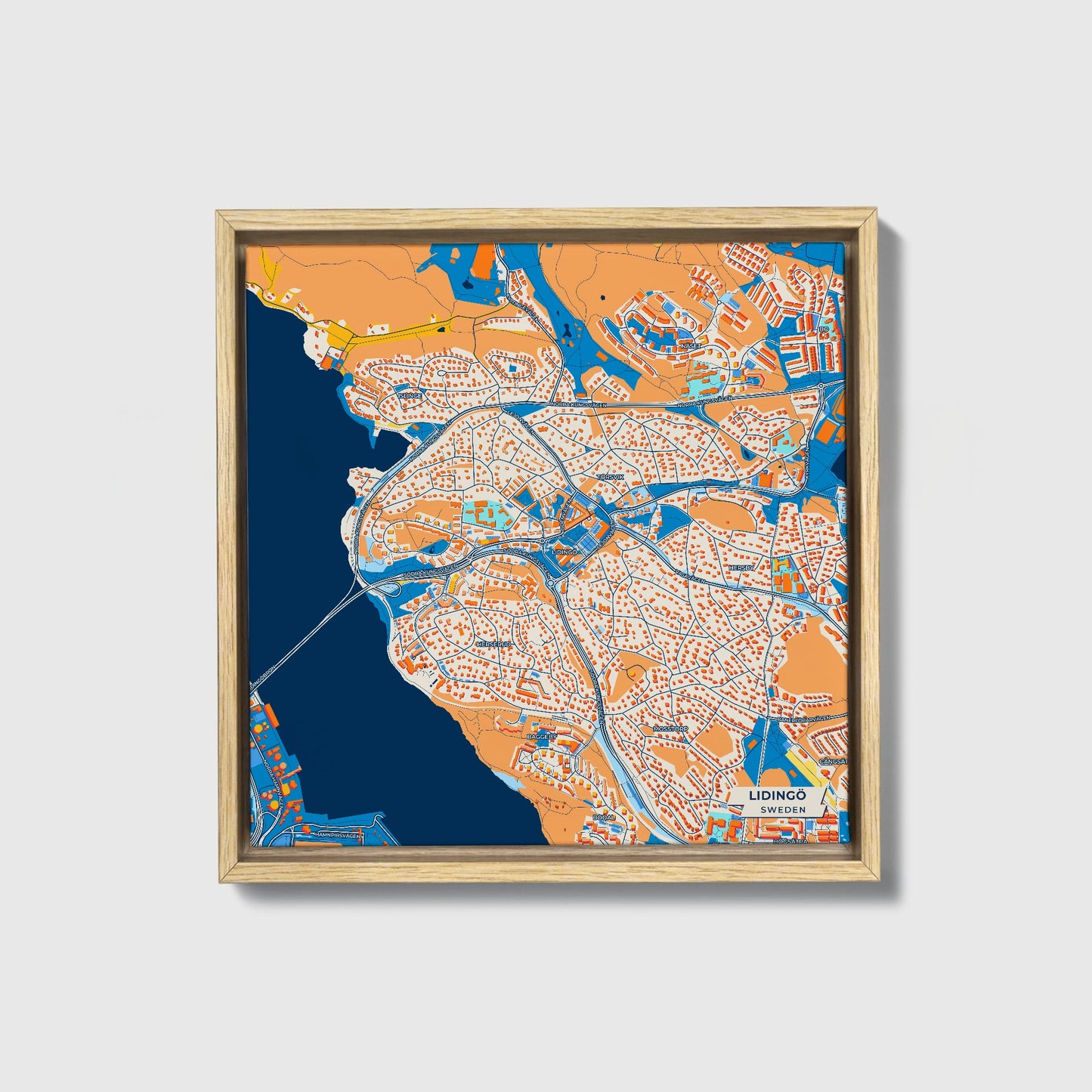 Lidingö Sweden Colorful City Map Canvas Print • Natural Wooden Framed
