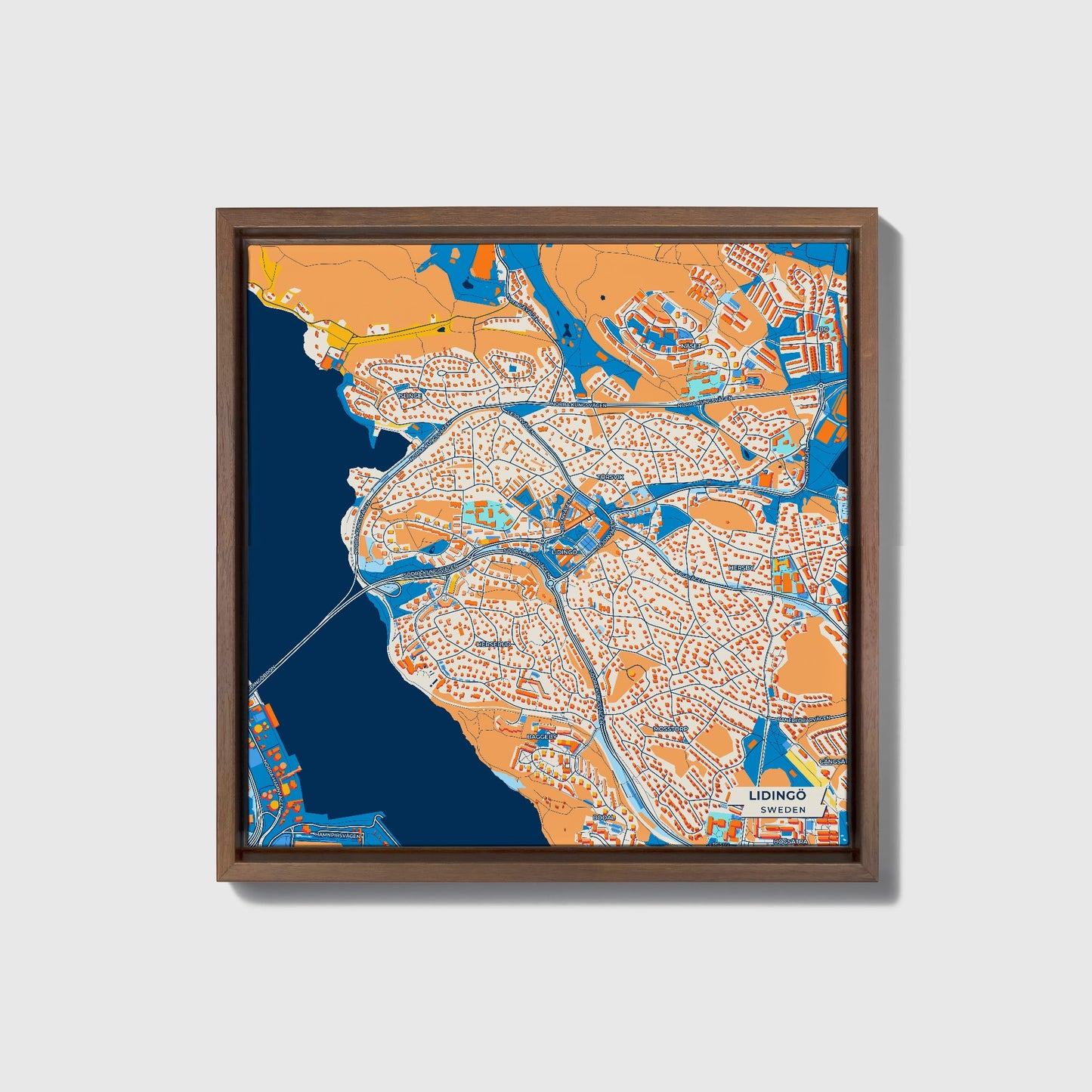Lidingö Sweden Colorful City Map Canvas Print • Dark Wooden Framed