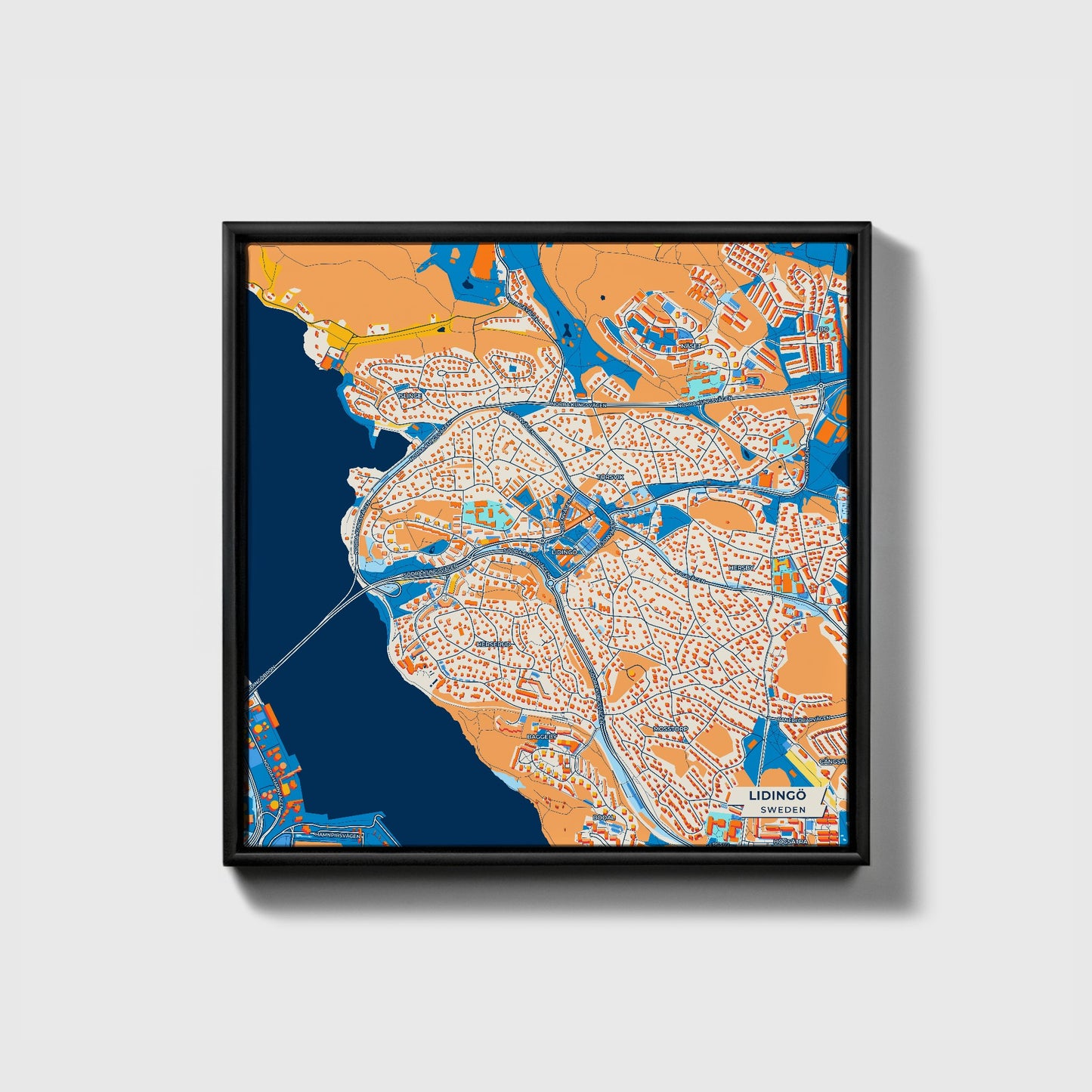 Lidingö Sweden Colorful City Map Canvas Print • Black Framed