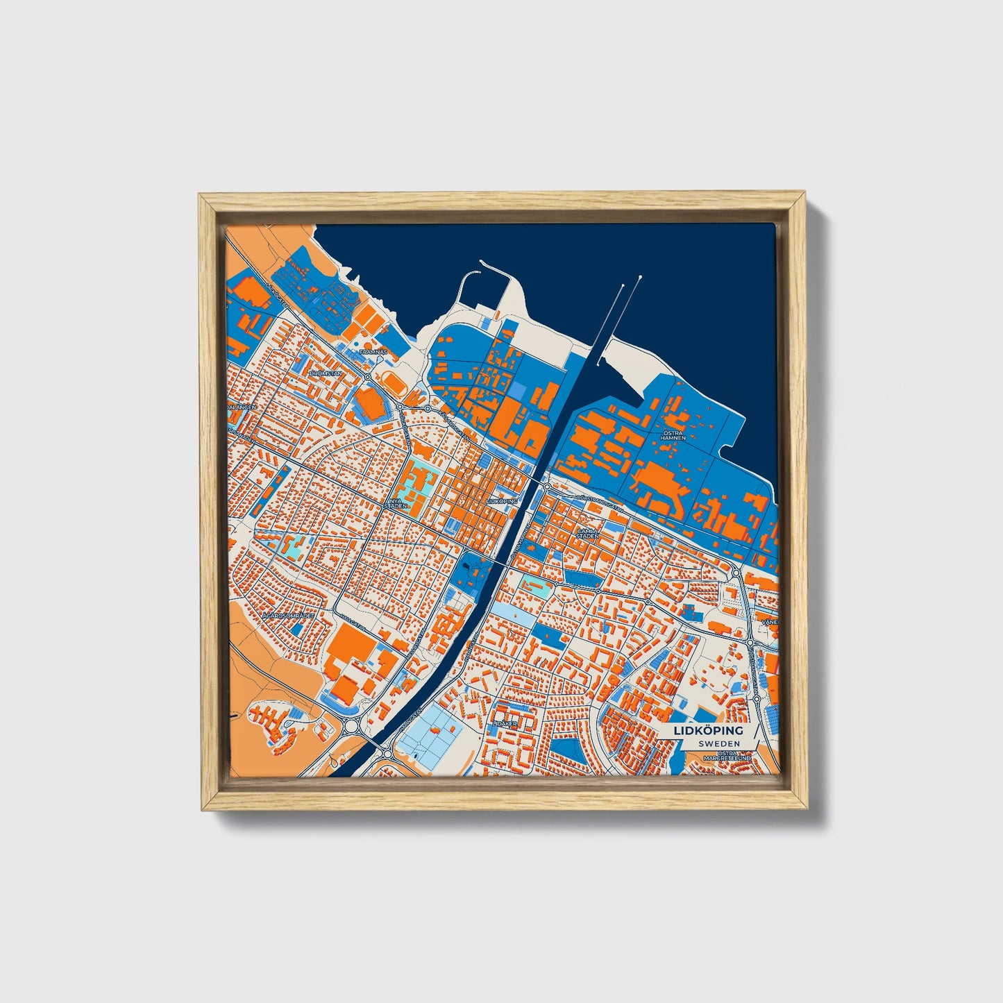 Lidköping Sweden Colorful City Map Canvas Print • Natural Wooden Framed