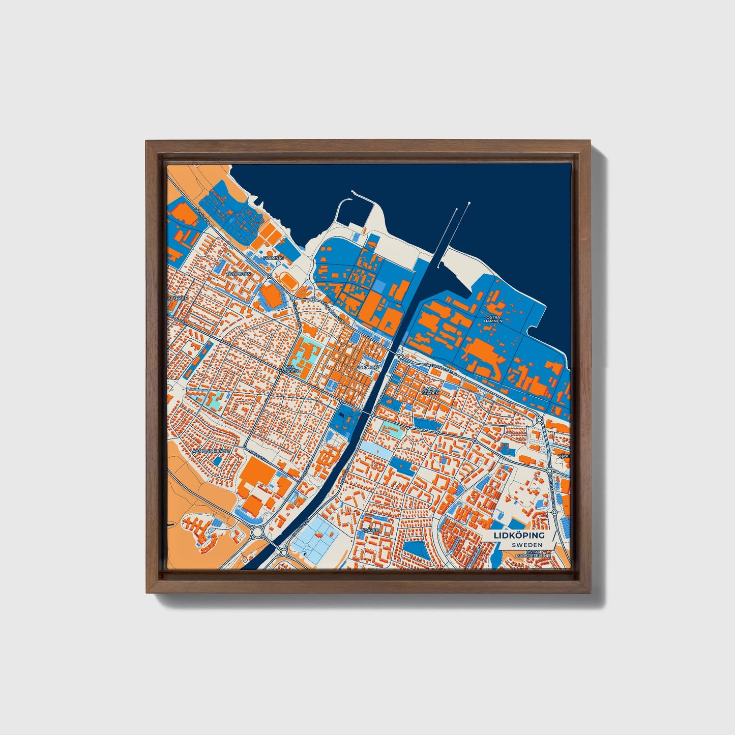 Lidköping Sweden Colorful City Map Canvas Print • Dark Wooden Framed