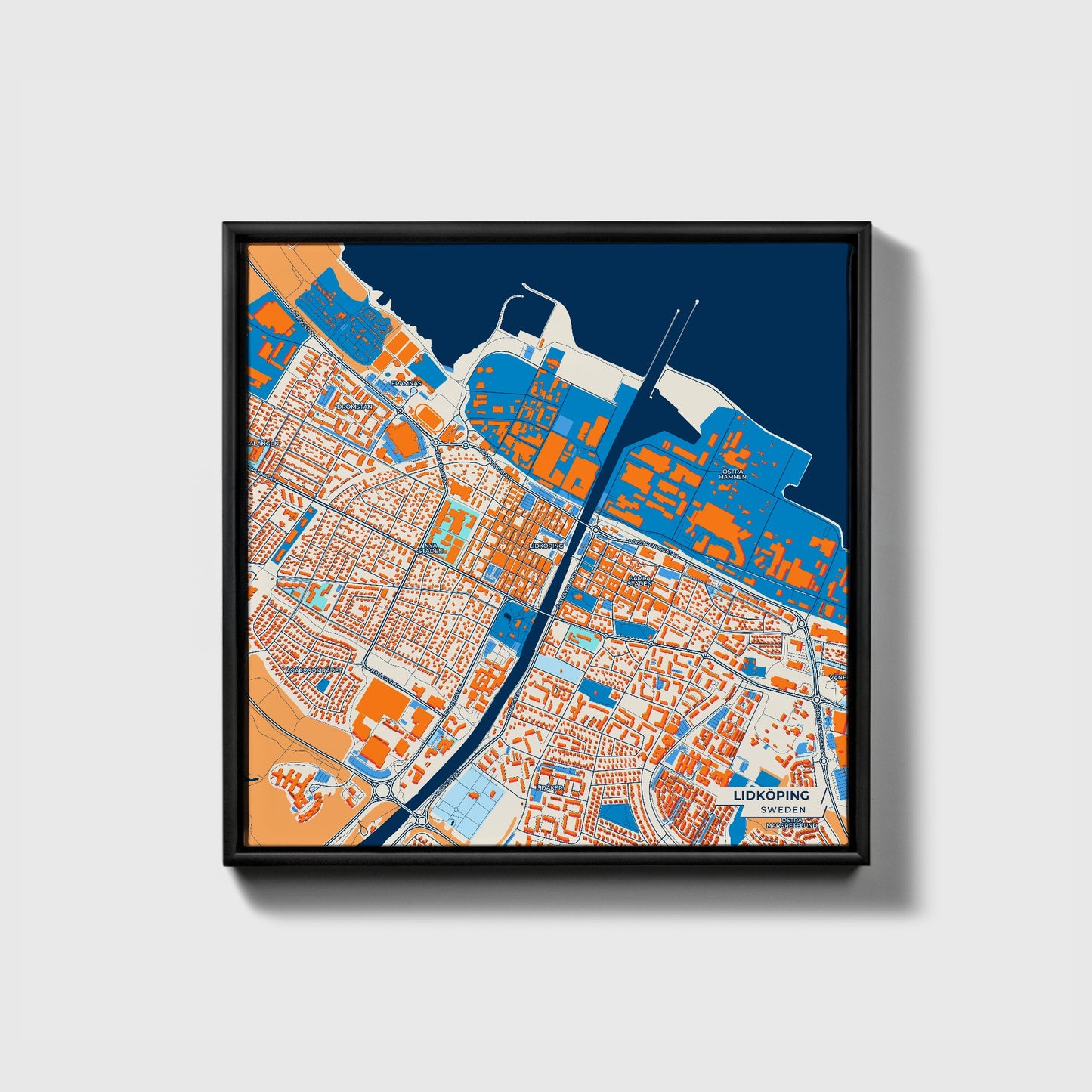 Lidköping Sweden Colorful City Map Canvas Print • Black Framed