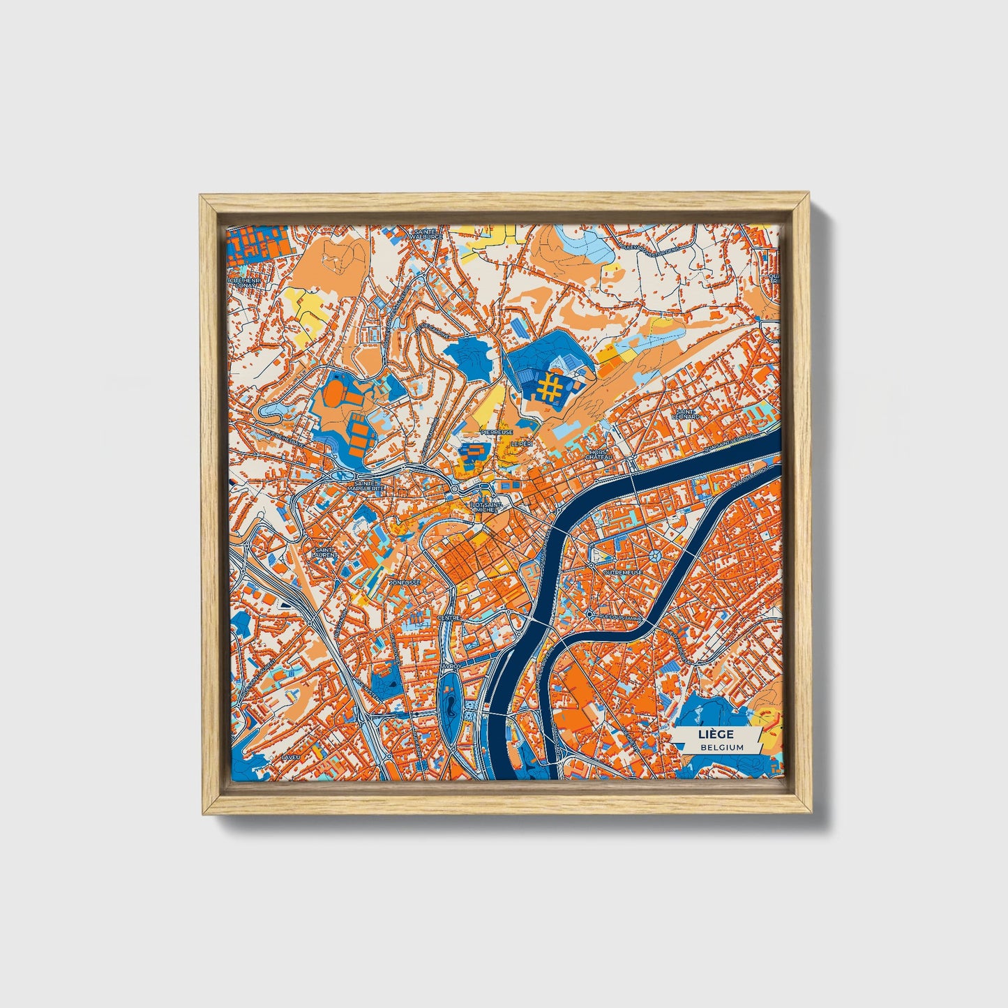 Liège  Belgium Colorful City Map Canvas Print • Natural Wooden Framed