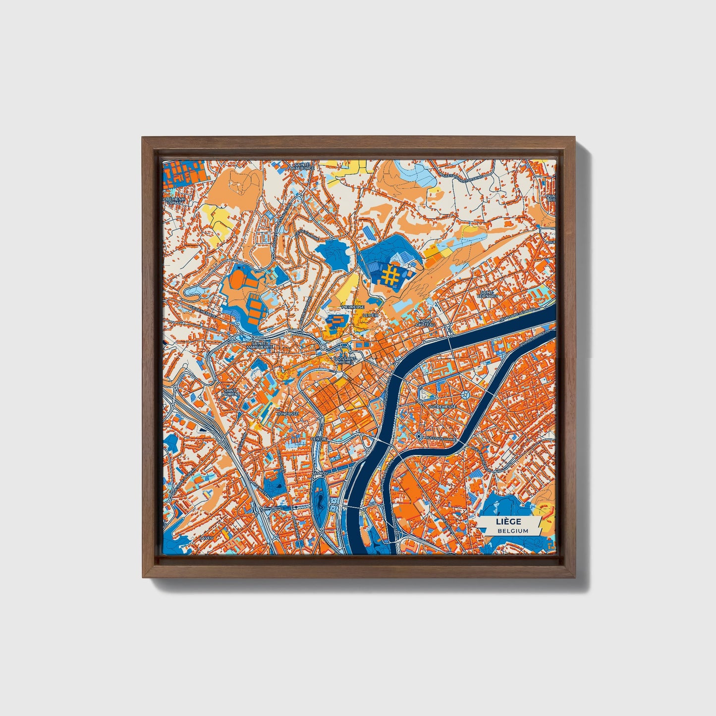 Liège  Belgium Colorful City Map Canvas Print • Dark Wooden Framed