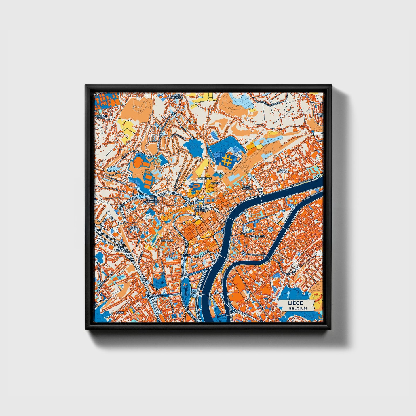 Liège  Belgium Colorful City Map Canvas Print • Black Framed