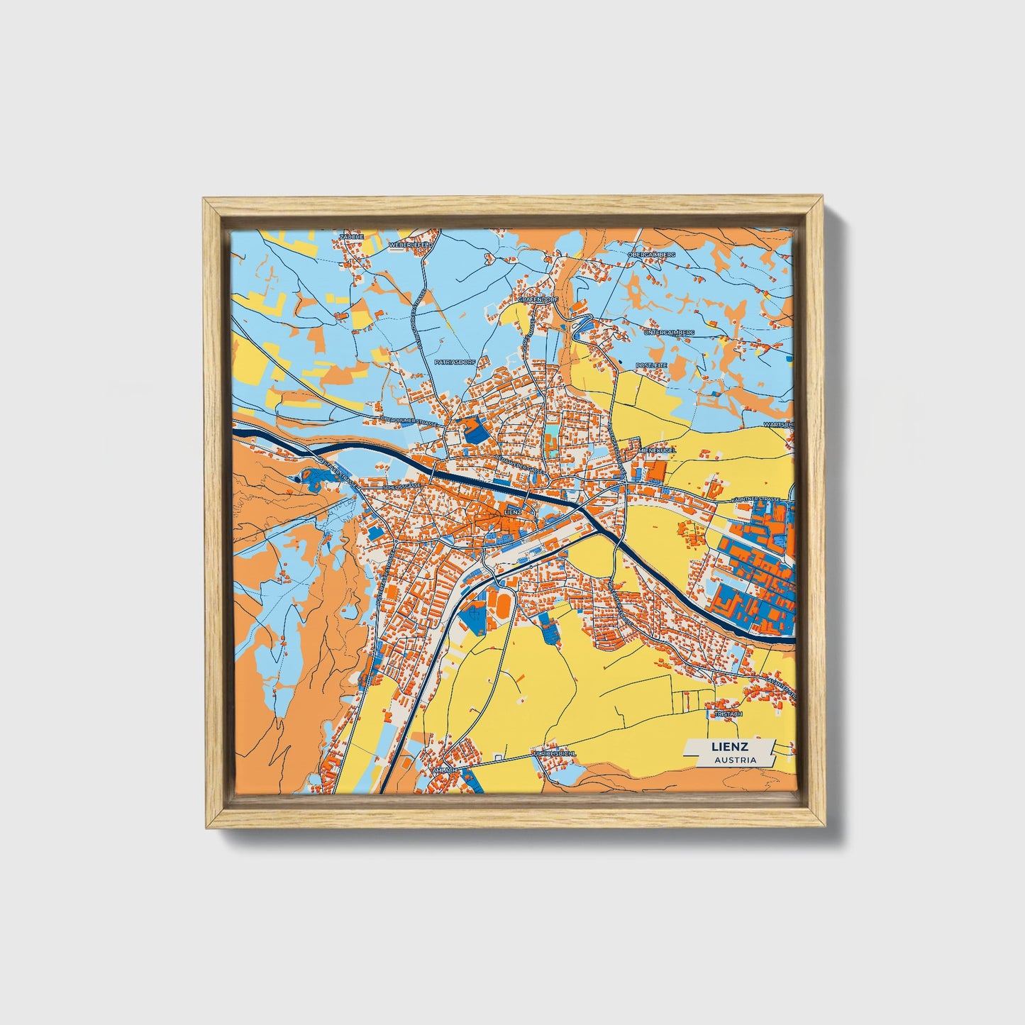 Lienz Austria Colorful City Map Canvas Print • Natural Wooden Framed