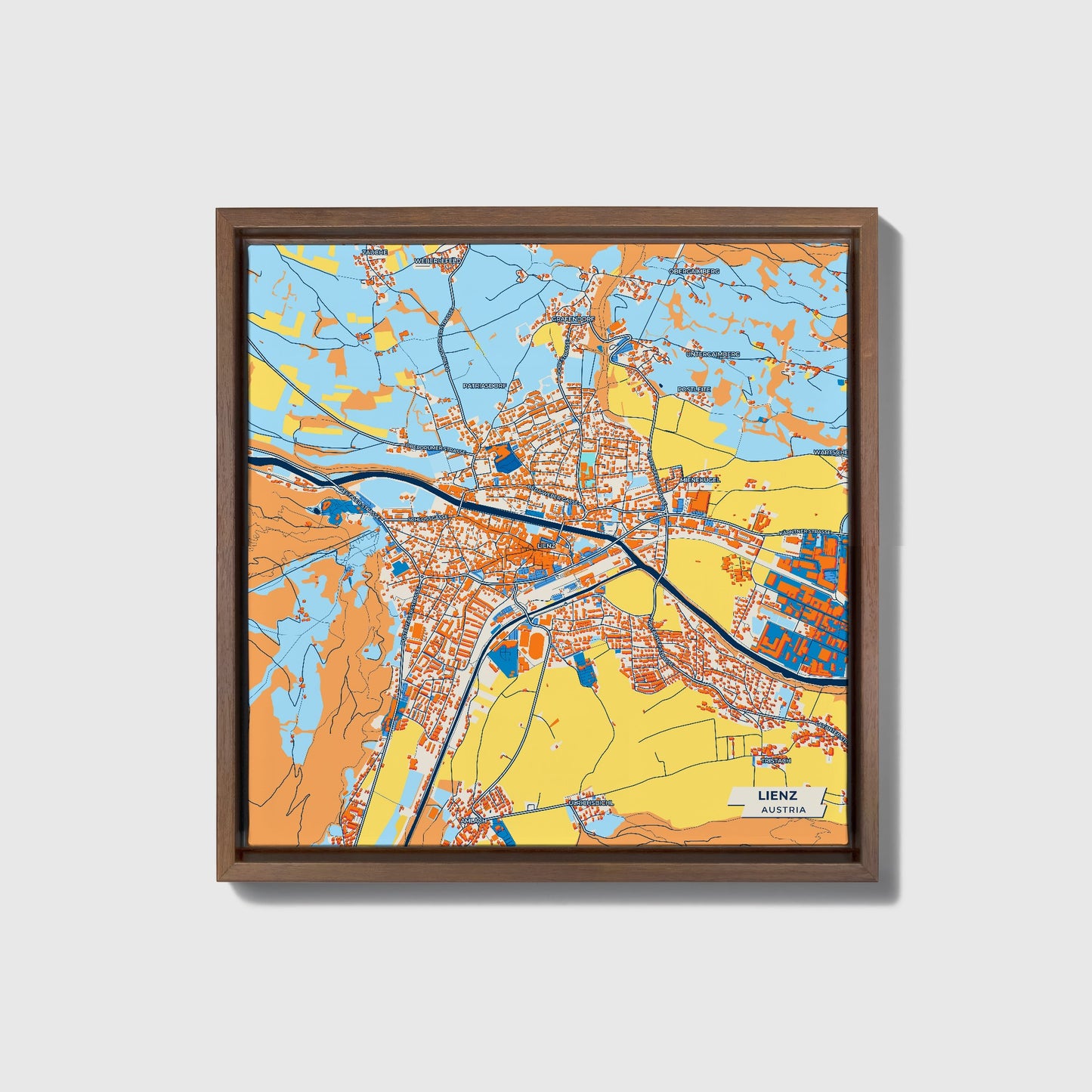 Lienz Austria Colorful City Map Canvas Print • Dark Wooden Framed