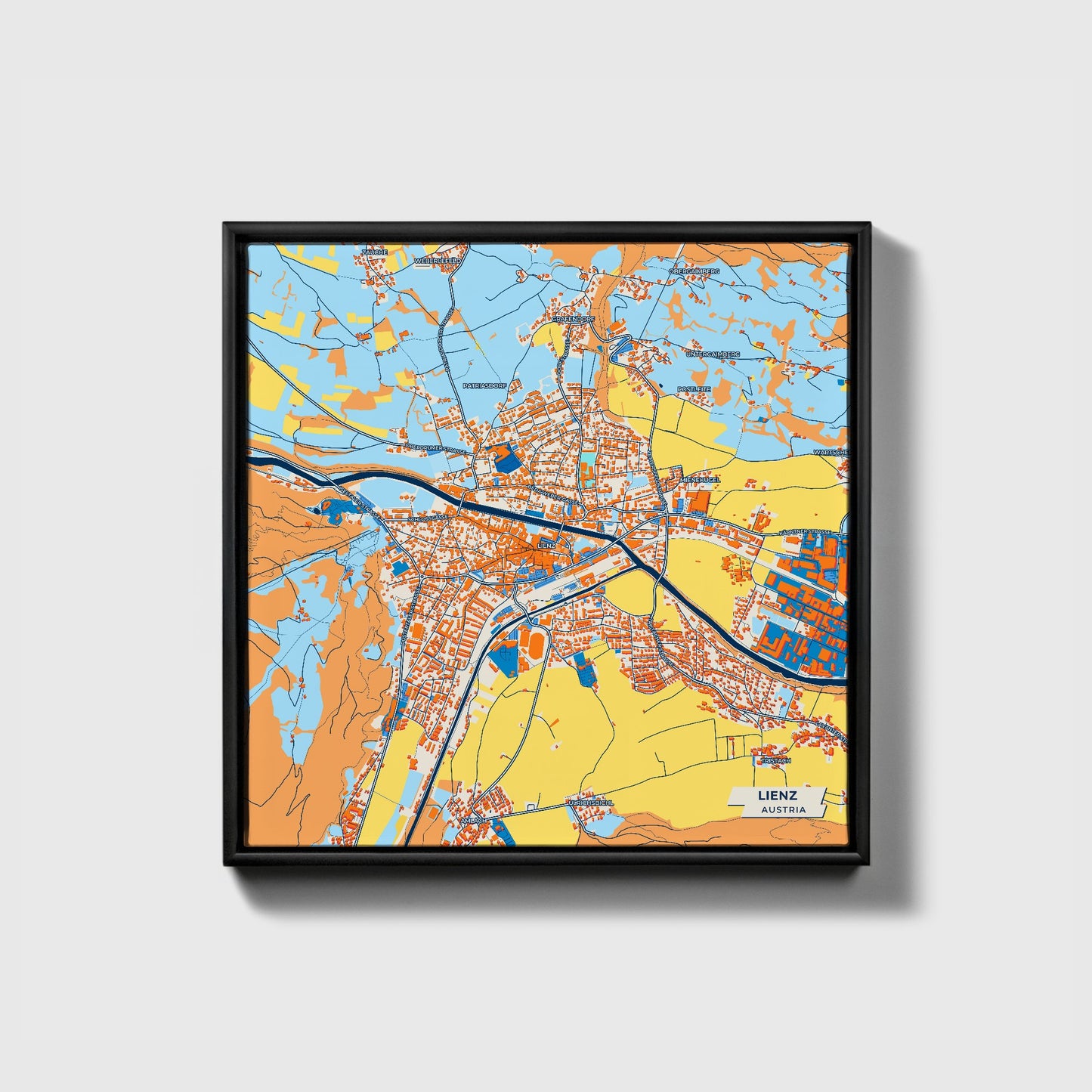 Lienz Austria Colorful City Map Canvas Print • Black Framed
