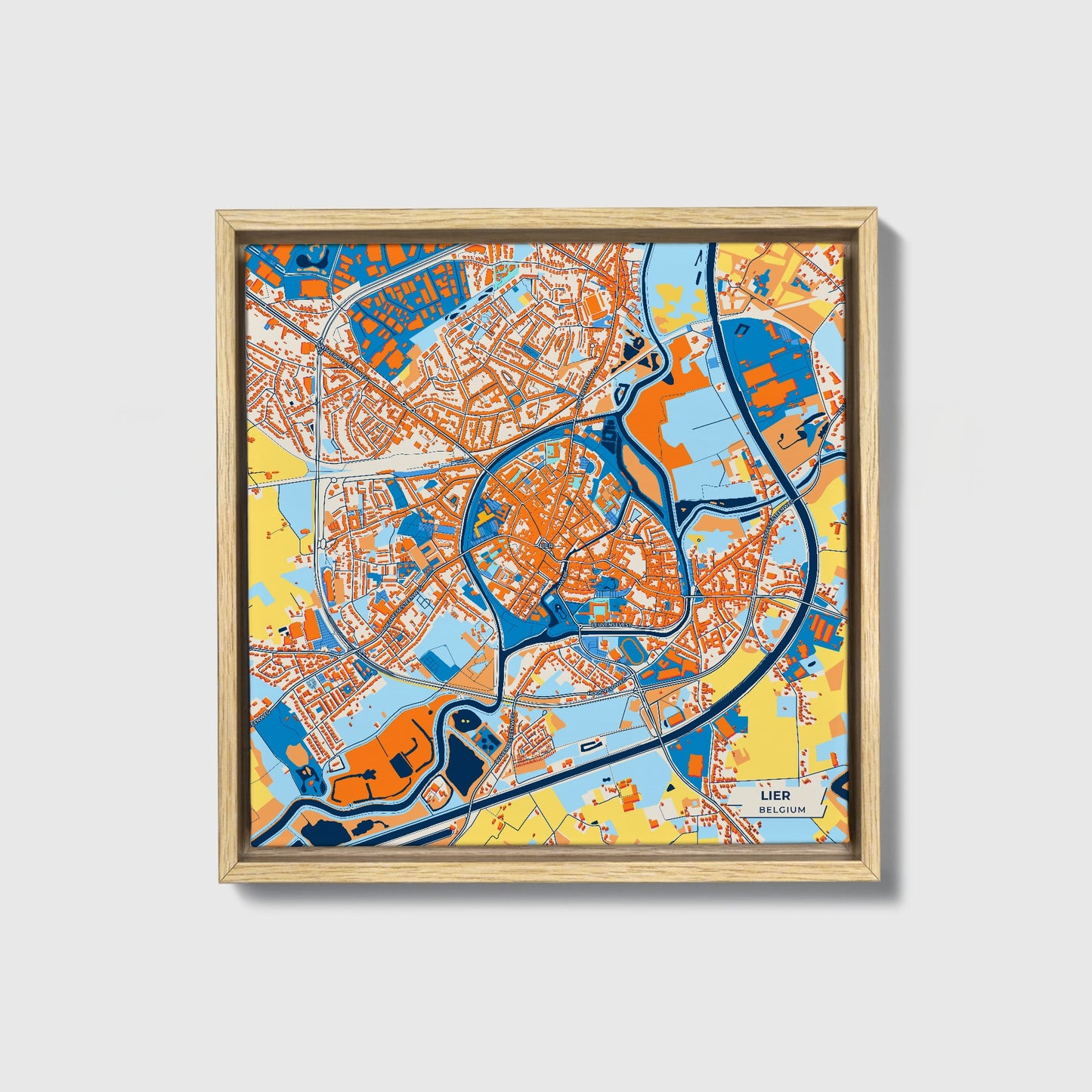 Lier  Belgium Colorful City Map Canvas Print • Natural Wooden Framed