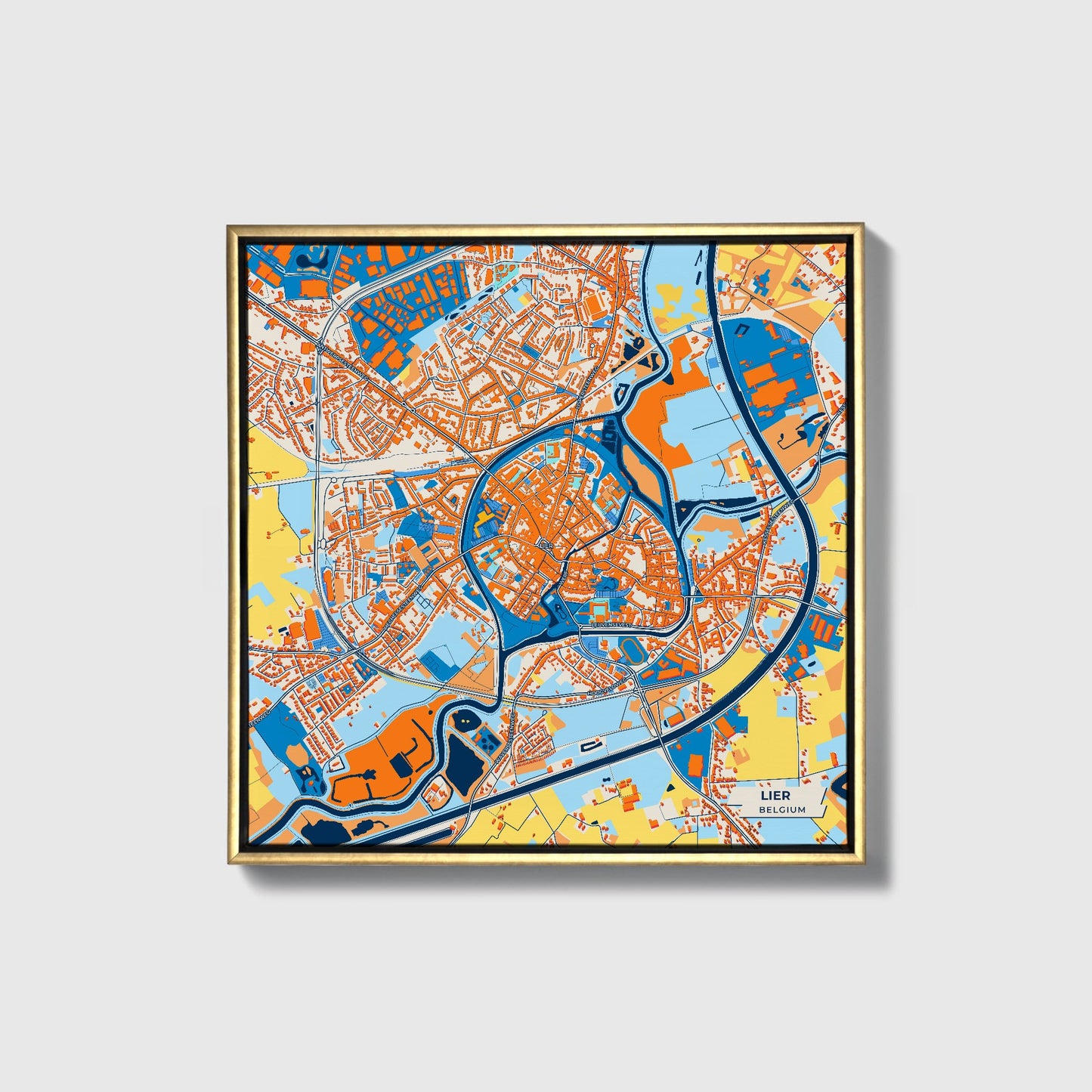 Lier  Belgium Colorful City Map Canvas Print • Gold Framed