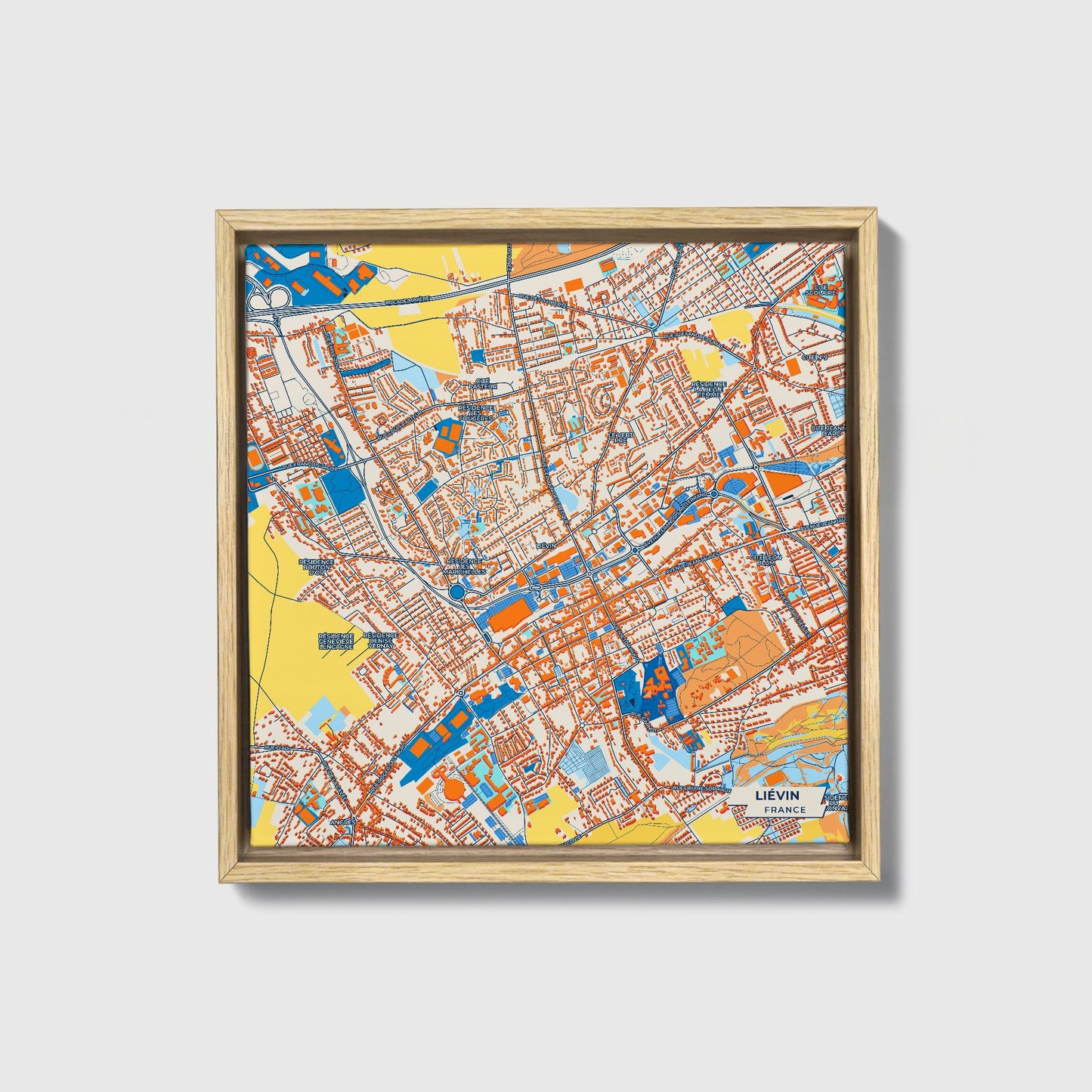 Liévin France Colorful City Map Canvas Print • Natural Wooden Framed