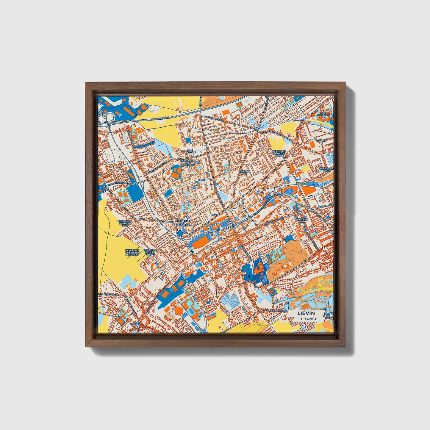 Liévin France Colorful City Map Canvas Print • Dark Wooden Framed