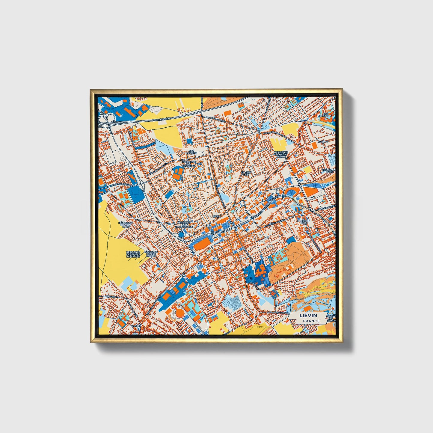 Liévin France Colorful City Map Canvas Print • Gold Framed