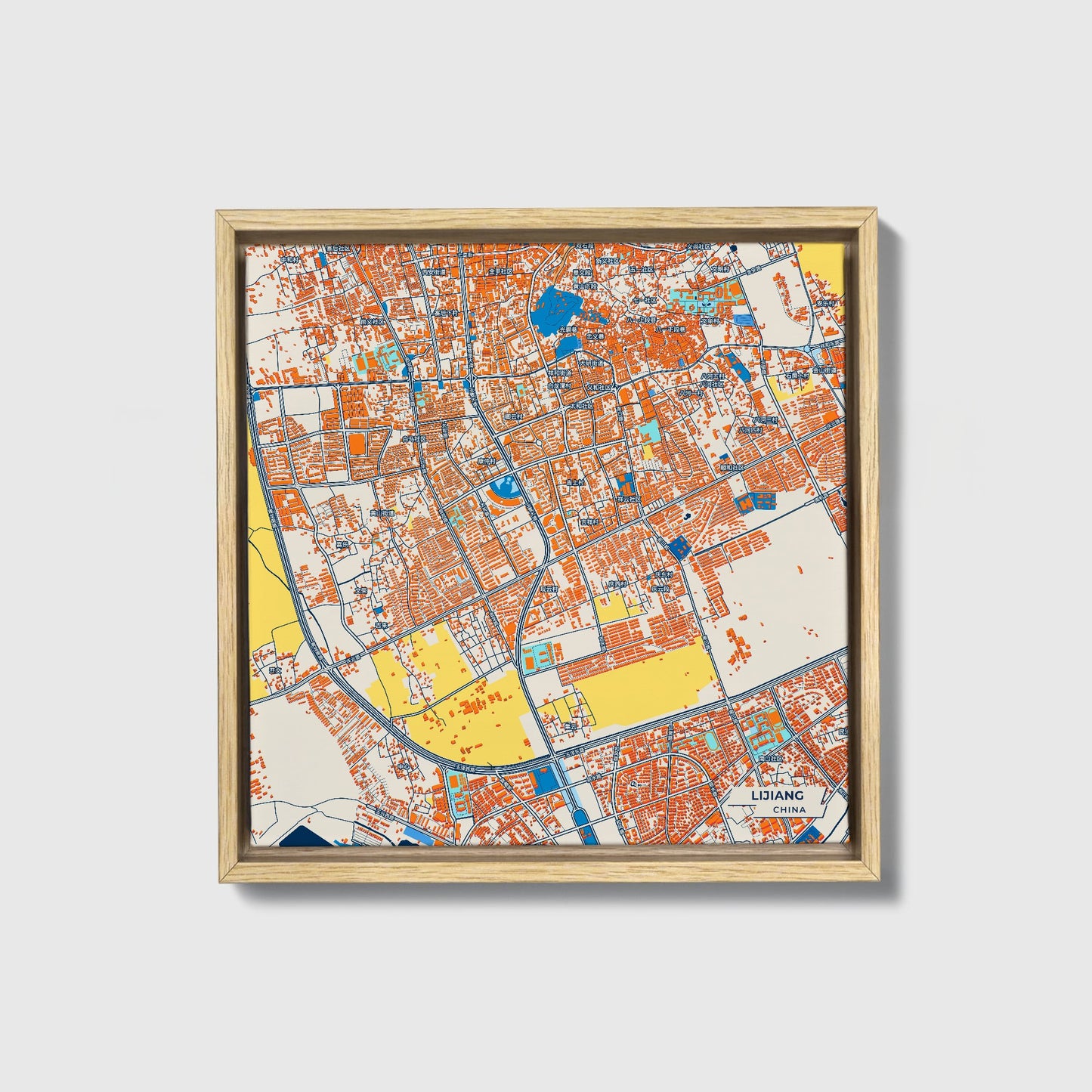 Lijiang China Colorful City Map Canvas Print • Natural Wooden Framed