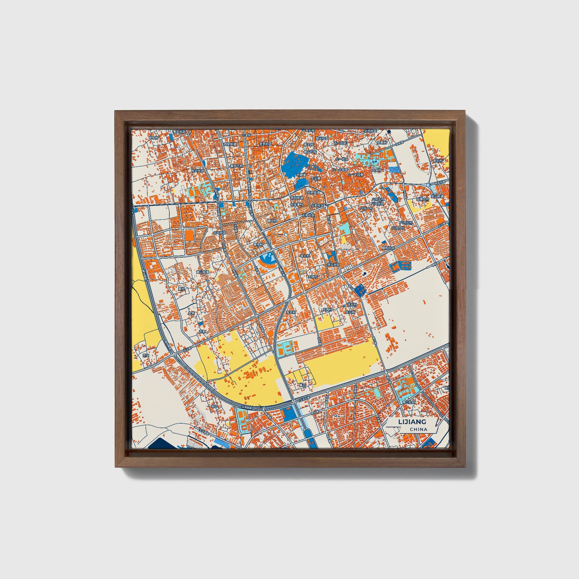 Lijiang China Colorful City Map Canvas Print • Dark Wooden Framed