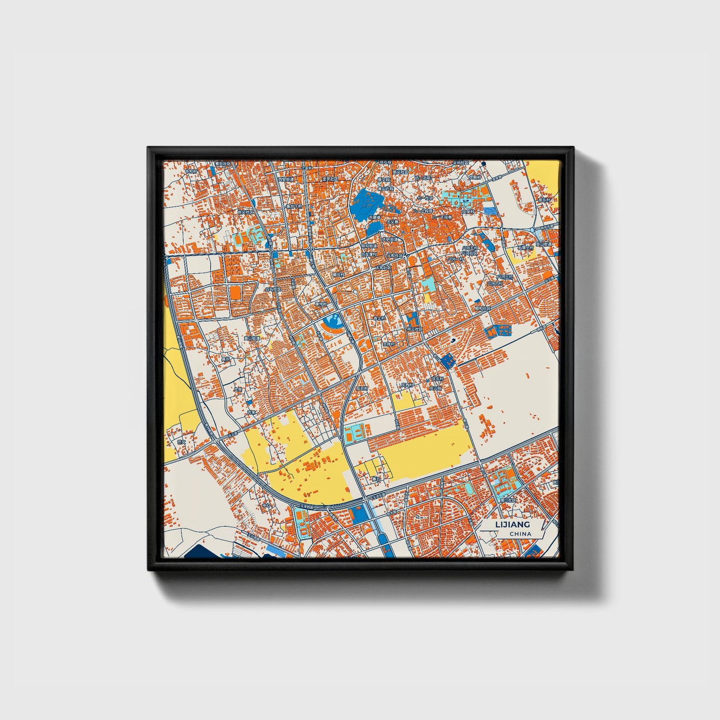Lijiang China Colorful City Map Canvas Print • Black Framed