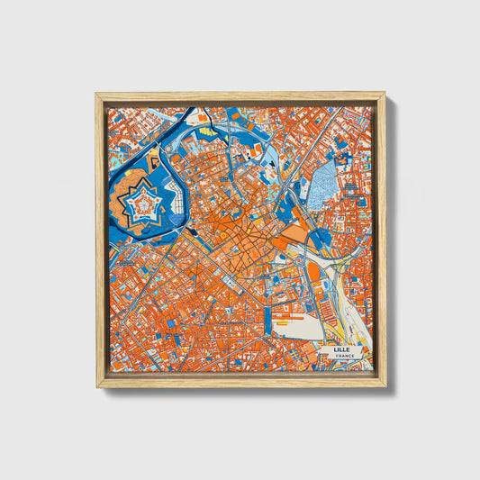 Lille France Colorful City Map Canvas Print • Natural Wooden Framed