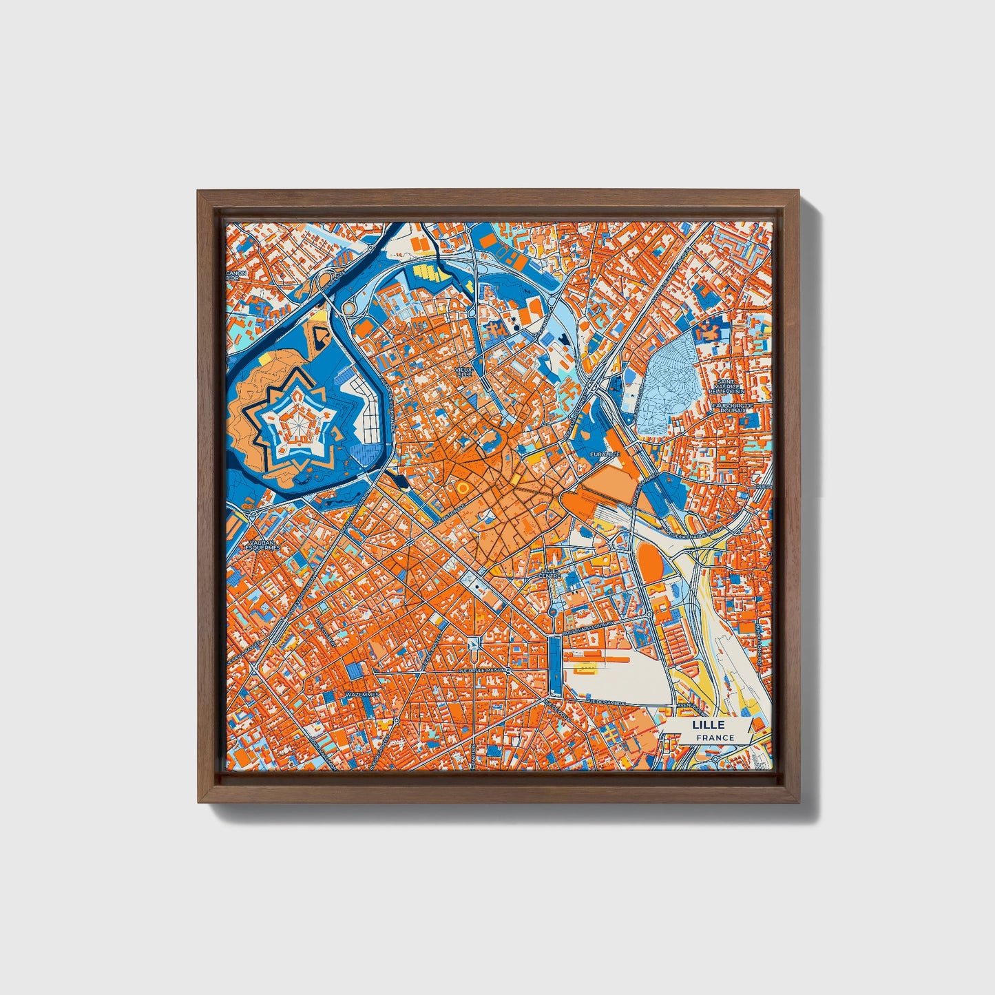 Lille France Colorful City Map Canvas Print • Dark Wooden Framed