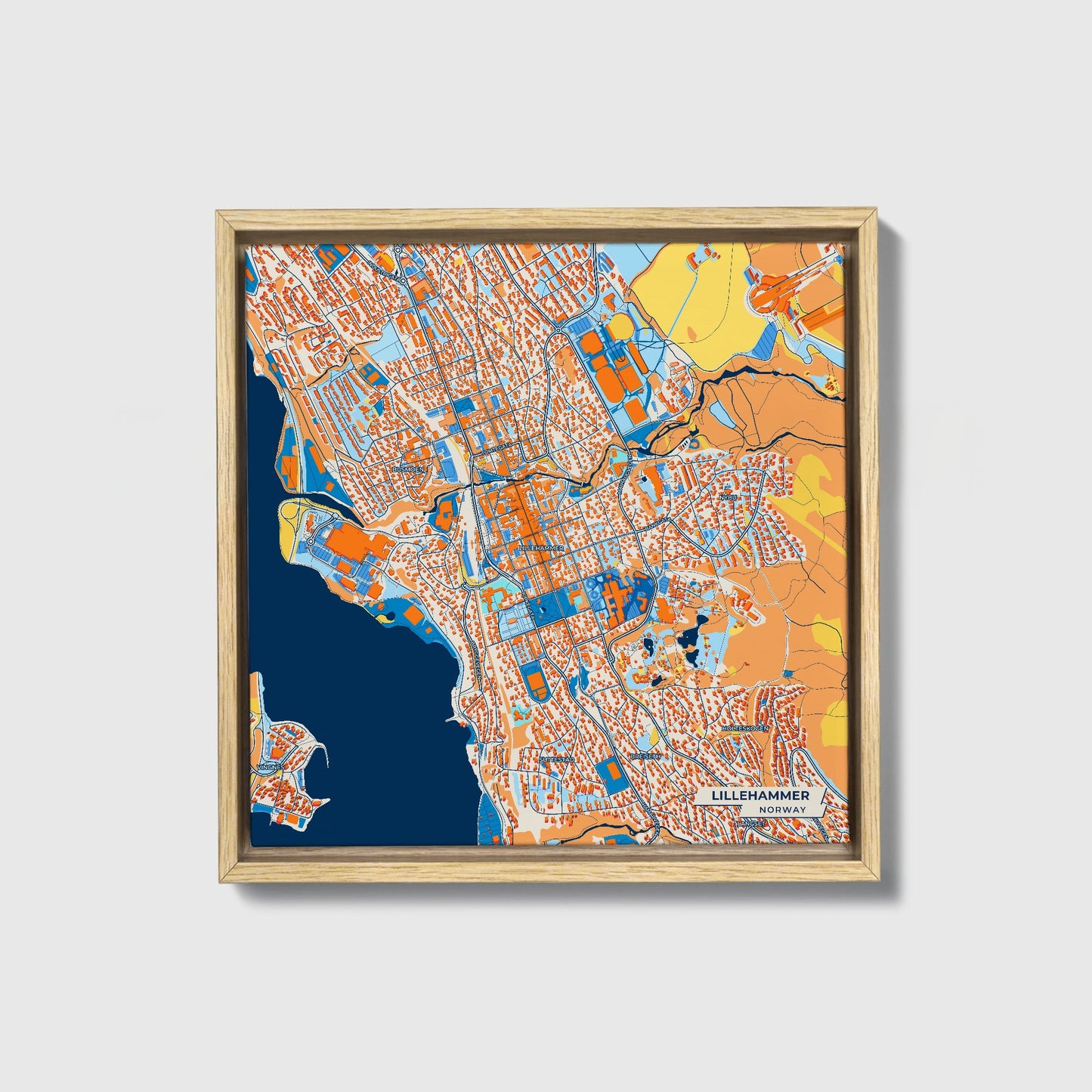 Lillehammer Norway Colorful City Map Canvas Print • Natural Wooden Framed