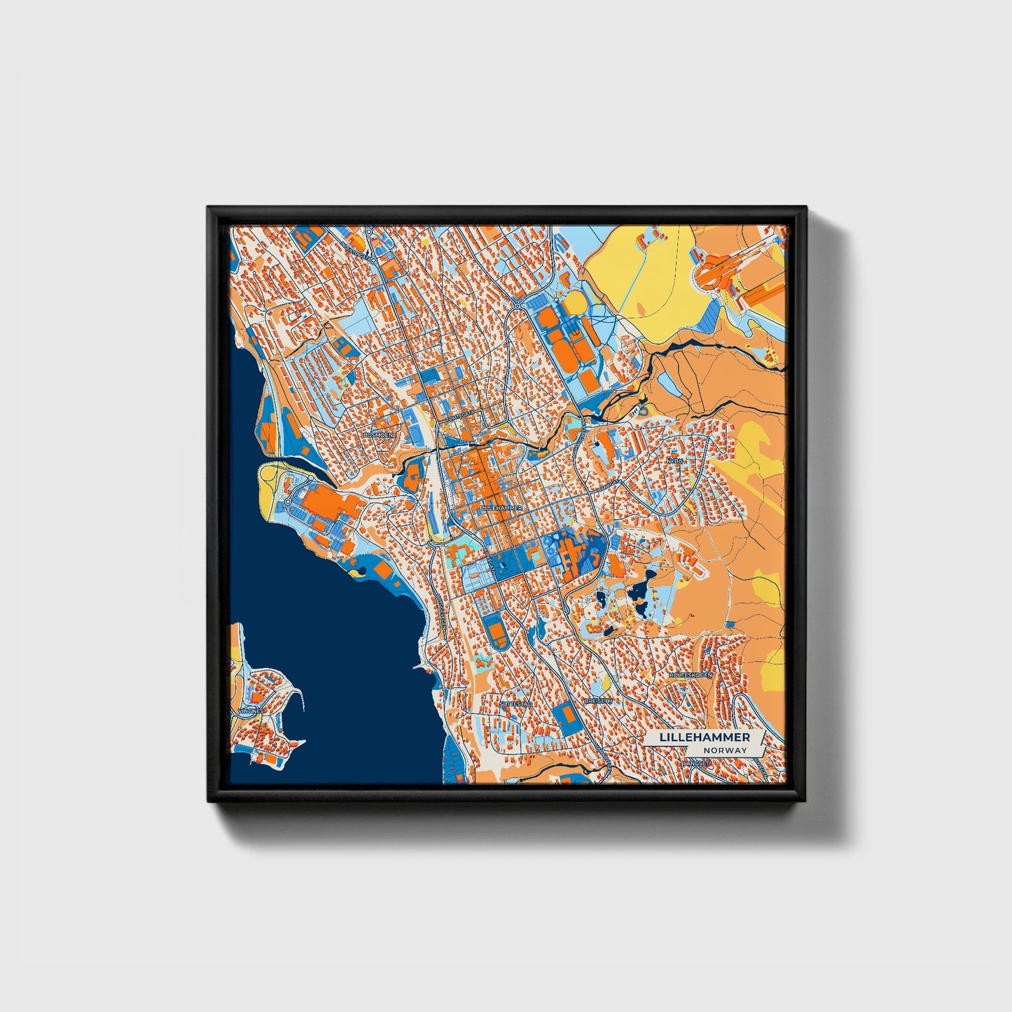 Lillehammer Norway Colorful City Map Canvas Print • Black Framed