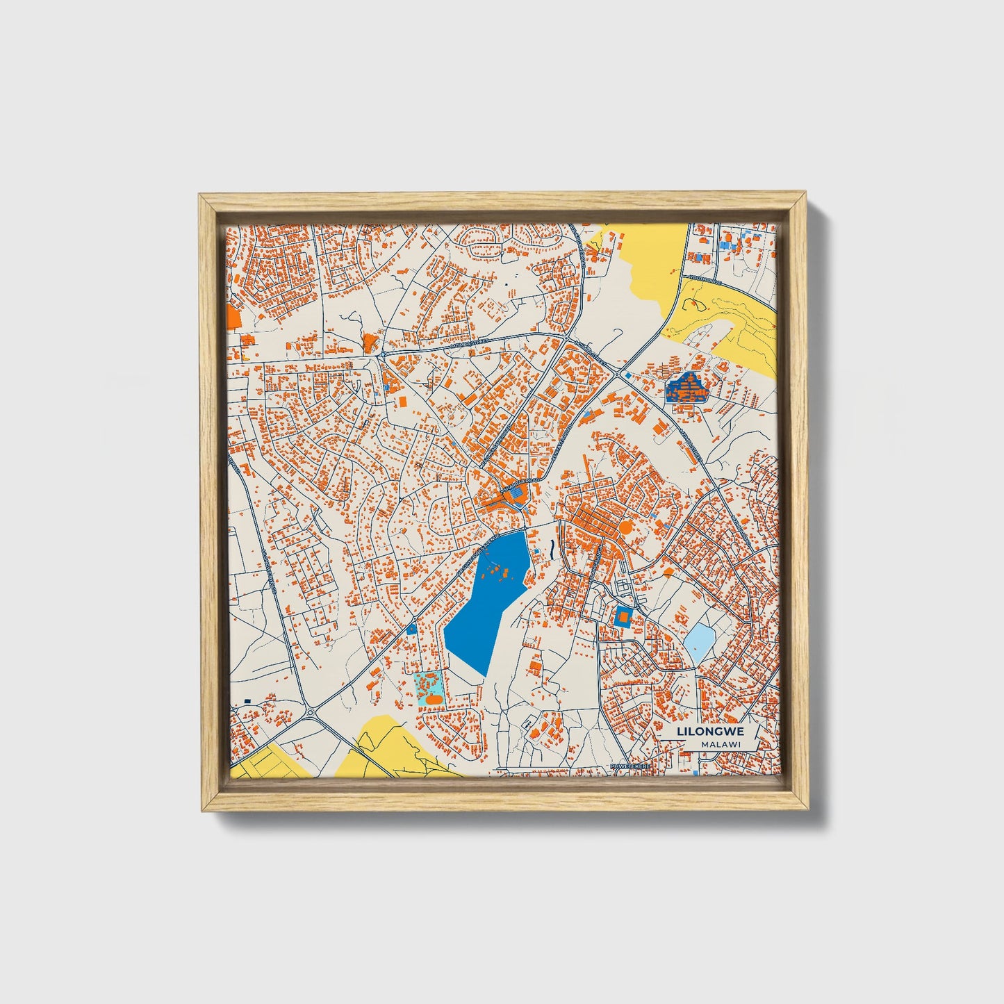 Lilongwe Malawi Colorful City Map Canvas Print • Natural Wooden Framed