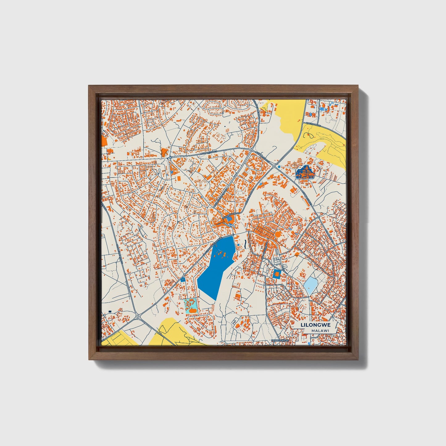 Lilongwe Malawi Colorful City Map Canvas Print • Dark Wooden Framed