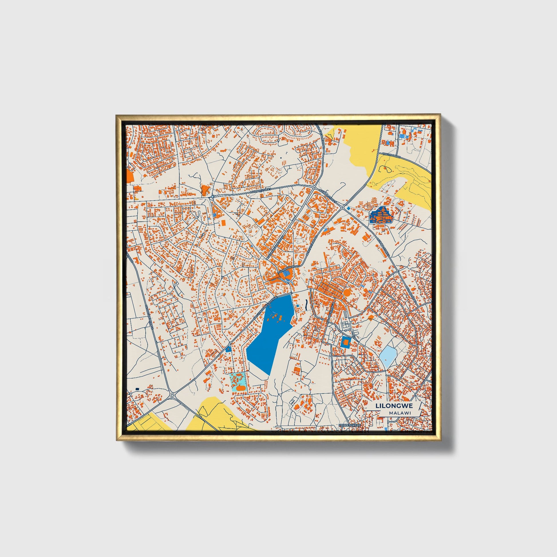 Lilongwe Malawi Colorful City Map Canvas Print • Gold Framed